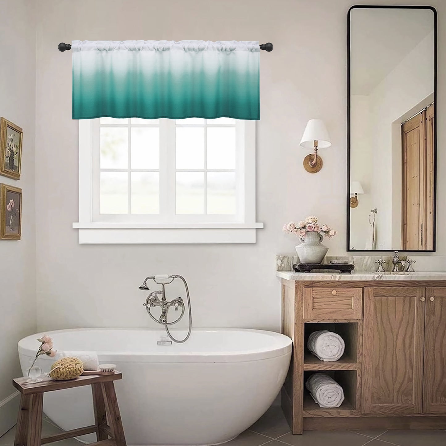 Alishomtll Kitchen Valance Curtains Teal Ombre Living Room Bedroom Windows Drapes ,52 x 18 inch,Rod Pocket