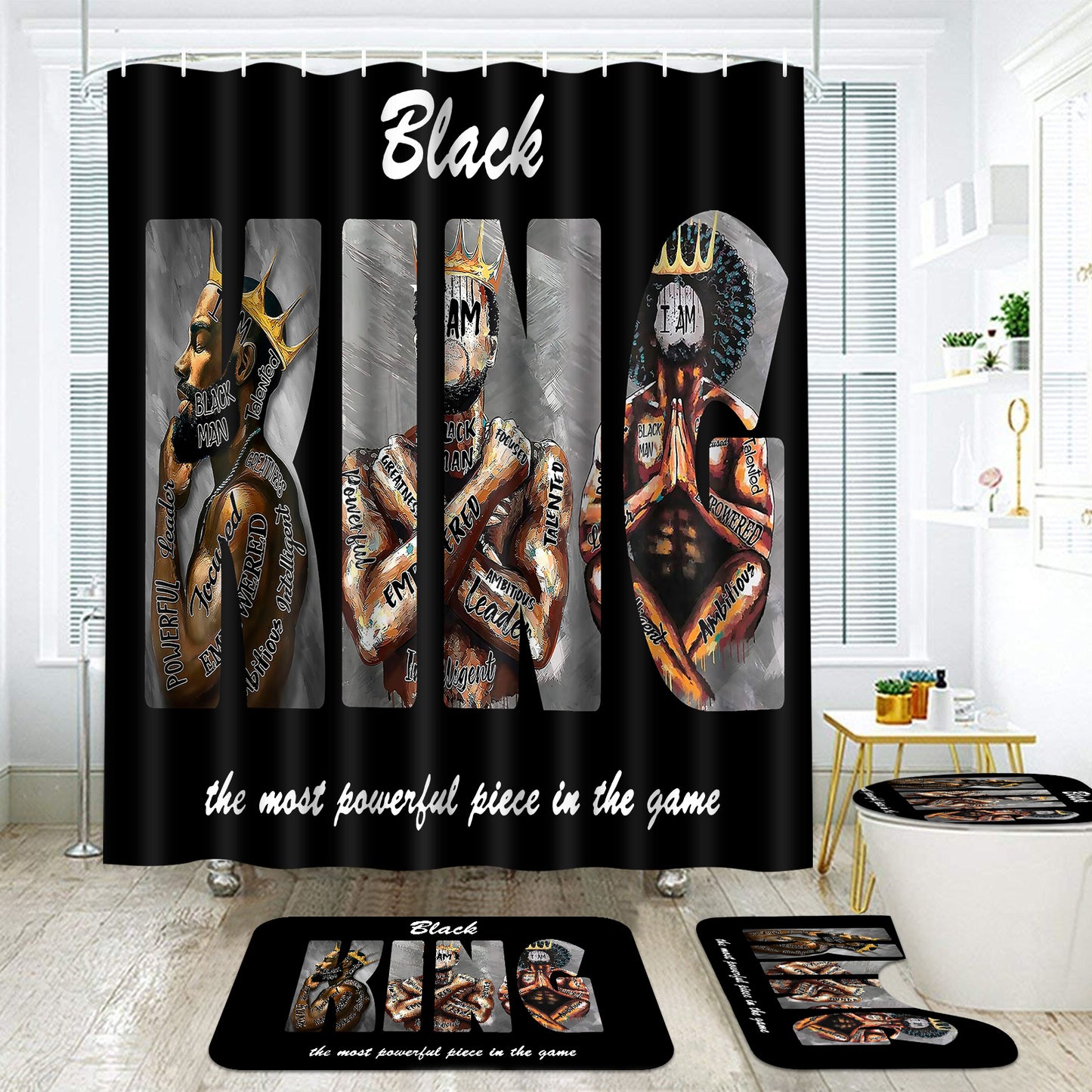 FRAMICS Black Kings Shower Curtain and Rug Sets, 16 Pc African American Man Bathroom Sets, Waterproof Fabric Shower Curtain with 12 Hooks and Toilet Rugs