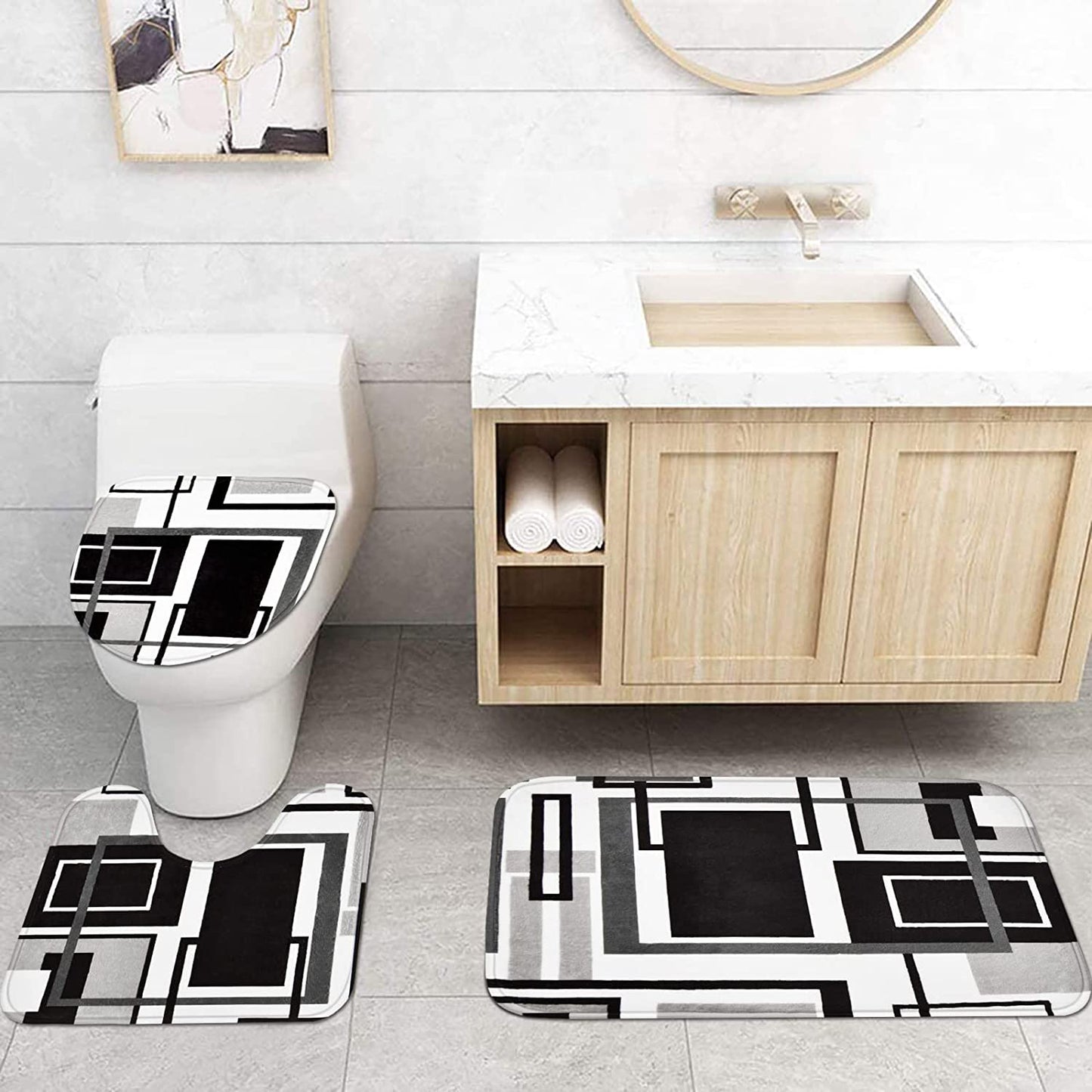 FRAMICS Black Geometric Shower Curtain Sets with Rugs, 16 Pc White Modern Abstract Bathroom Sets, Waterproof Fabric Bathroom Curtain Decor with Hooks