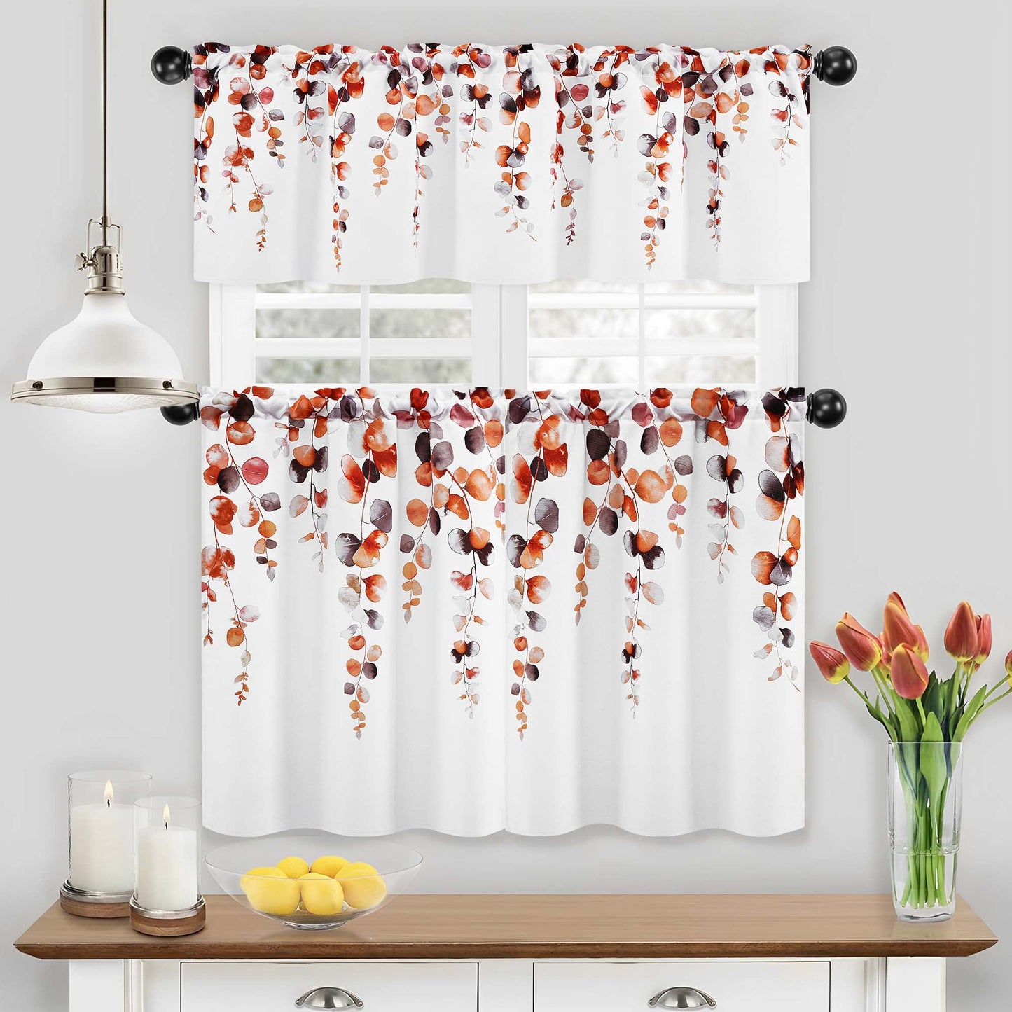 Alishomtll Fall Autumn Valance Curtains for Living Room Bedroom Kitchen Windows Grey Orange Watercolor Leaves Print ,52 x 18 inch,Rod Pocket