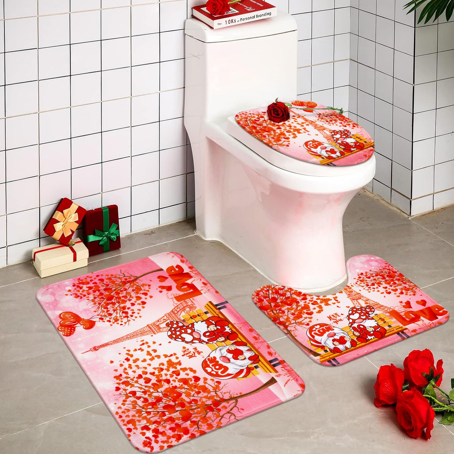 FRAMICS Valentine's Day Shower Curtain Sets with Rugs, 16 Pc Love Heart Gnomes Bathroom Sets with Hooks, Pink Eiffel Tower Waterproof Fabric Bathroom Decor Gift