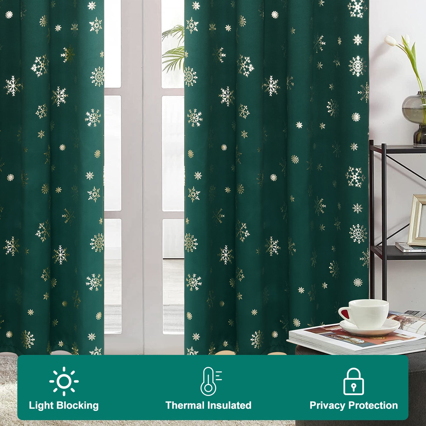 Alishomtll Gold Snowflake Foil Print Christmas Blackout Curtains, Christmas Grommet Window Curtains Drapes, 104" x 84", Green