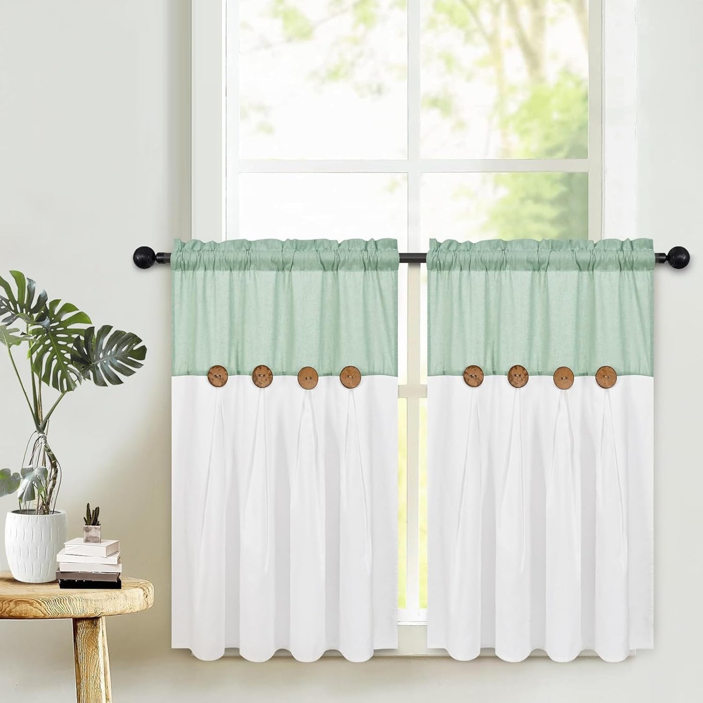 Alishomtll Linen Farmhouse White Boho Button Solid Print Rod Pocket Light Filtering Curtains, 26" x 36" (2 Panels),Teal white
