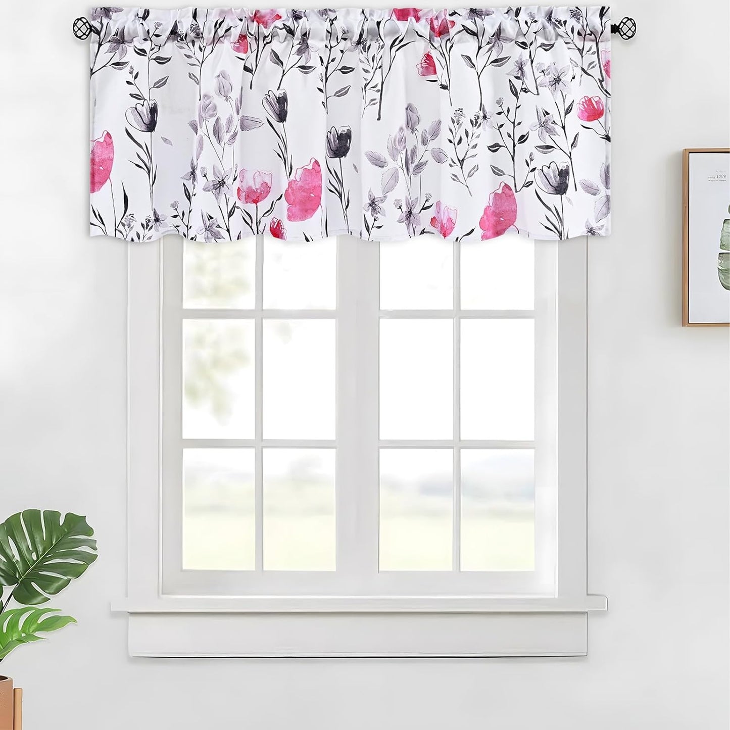 Alishomtll Valance Curtains Flower Print Window Curtain Valance Rod Pocket, Hot Pink ,52W" x 18L"