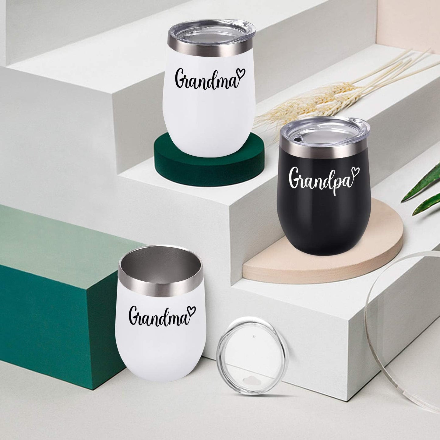 Gingprous 12 oz Grandpa and Grandma Wine Tumbler Set, Insulated Stainless Steel Tumbler with Lid , Black&White