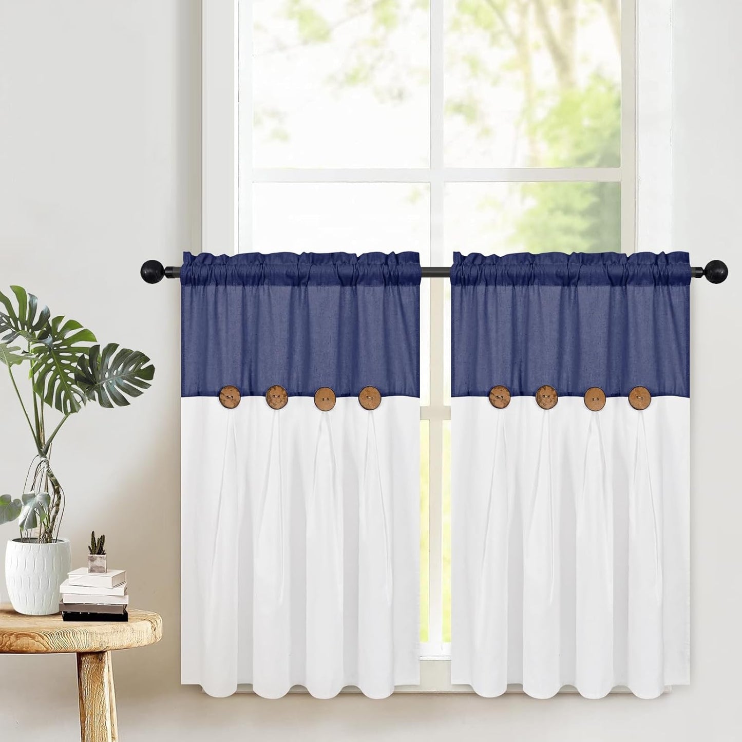 Alishomtll Linen Farmhouse White Boho Button Solid Print Rod Pocket Light Filtering Curtains, 26" x 36" (2 Panels),Blue white