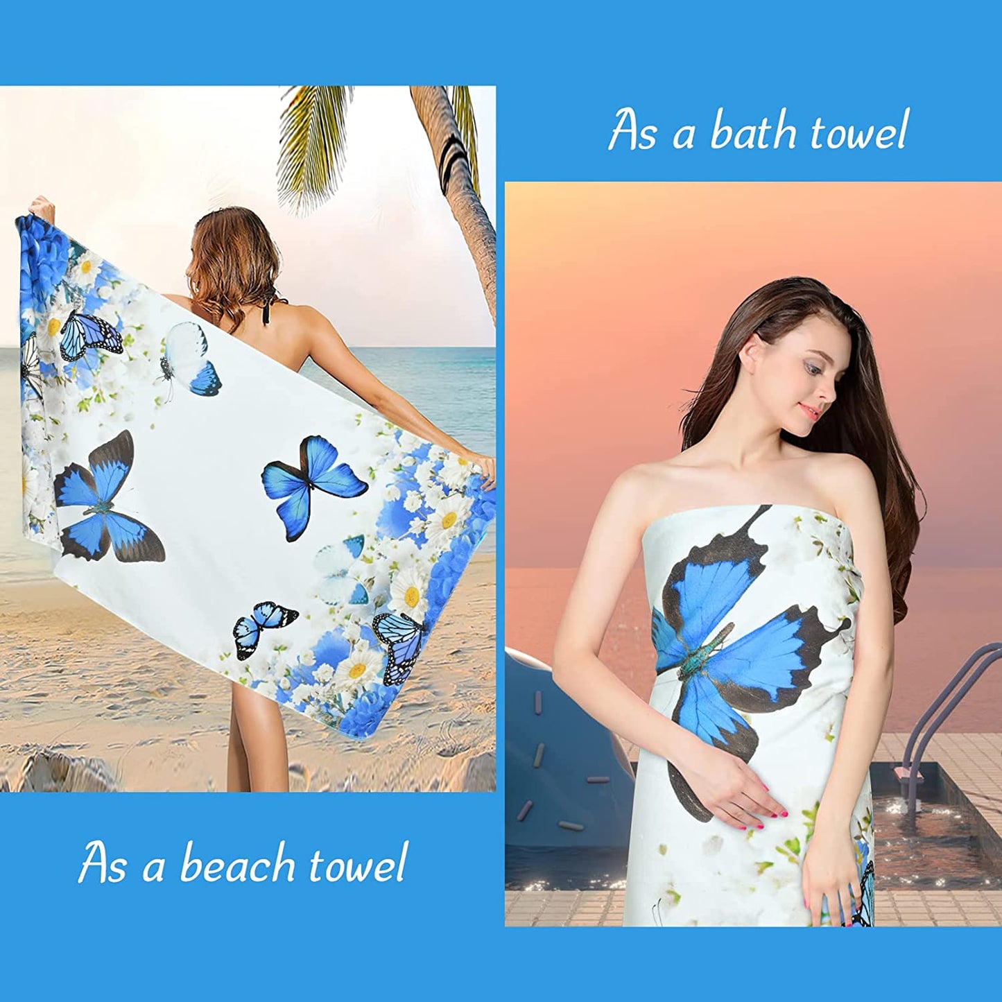 Alishomtll Butterfly and Flower Bath Towel Sets Blue Plant and Insect Towel Include Beach Towel, Hand Towel and Kitchen Dish Towels