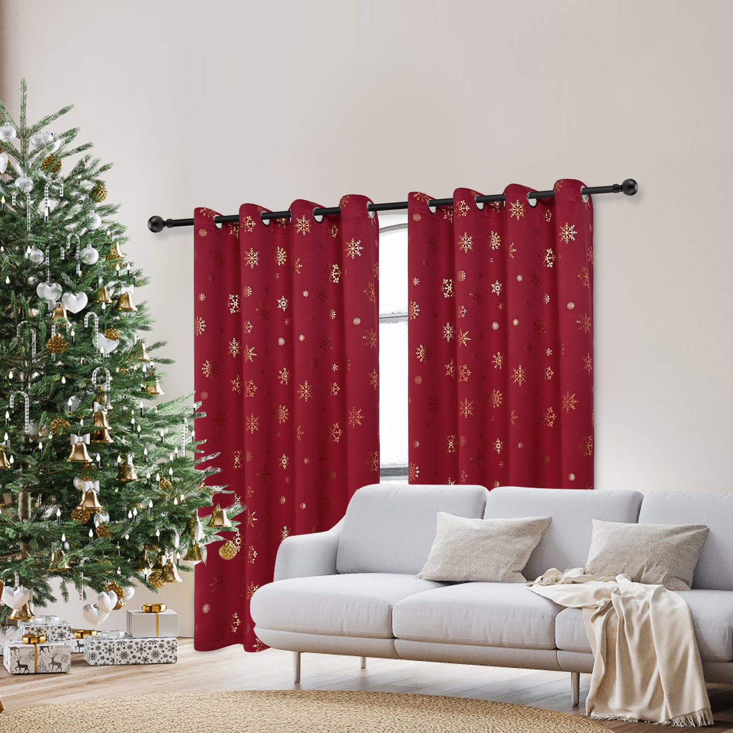 Alishomtll Snowflake Foil Print Christmas Blackout Curtains, Christmas Grommet Window Curtains Drapes, 52" x63", Red, Set of 2 Panels
