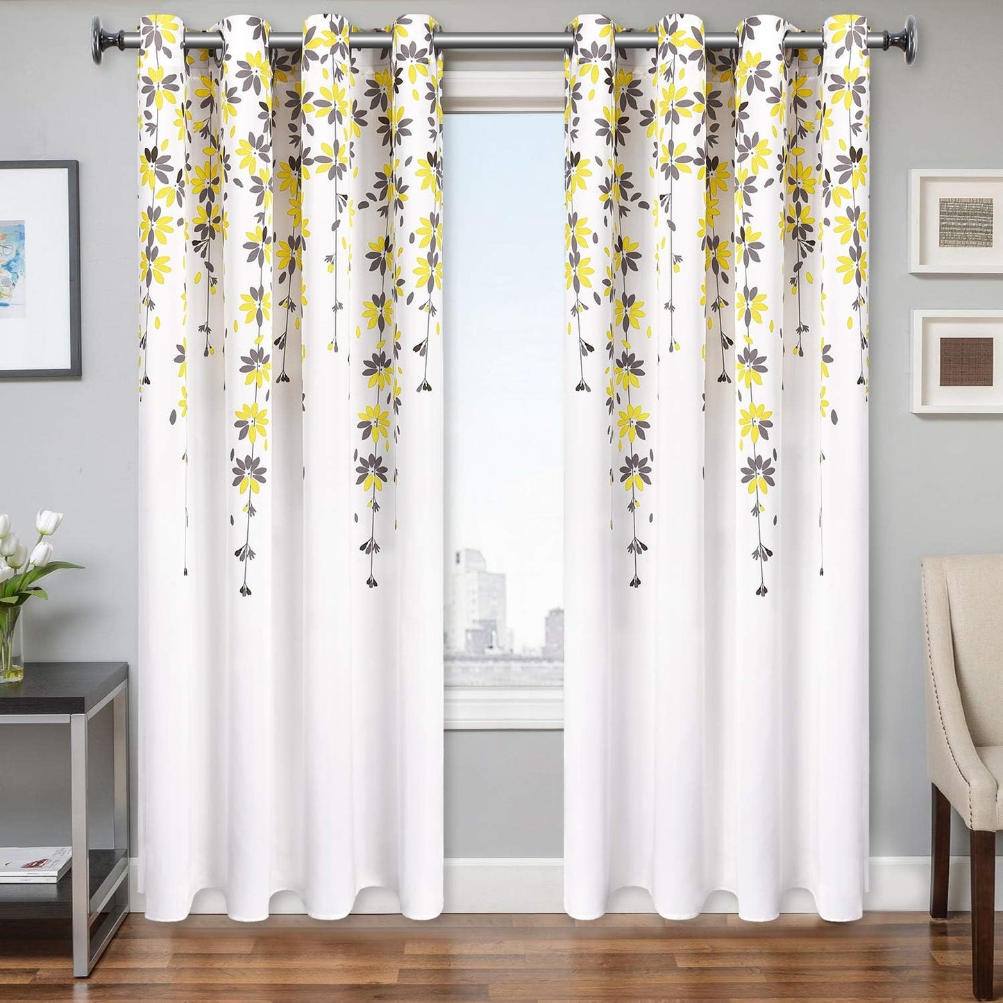 Alishomtll Falling Flower Window Curtain Grommet Light Filtering Drapes for Bedroom Living Room, Set of 2