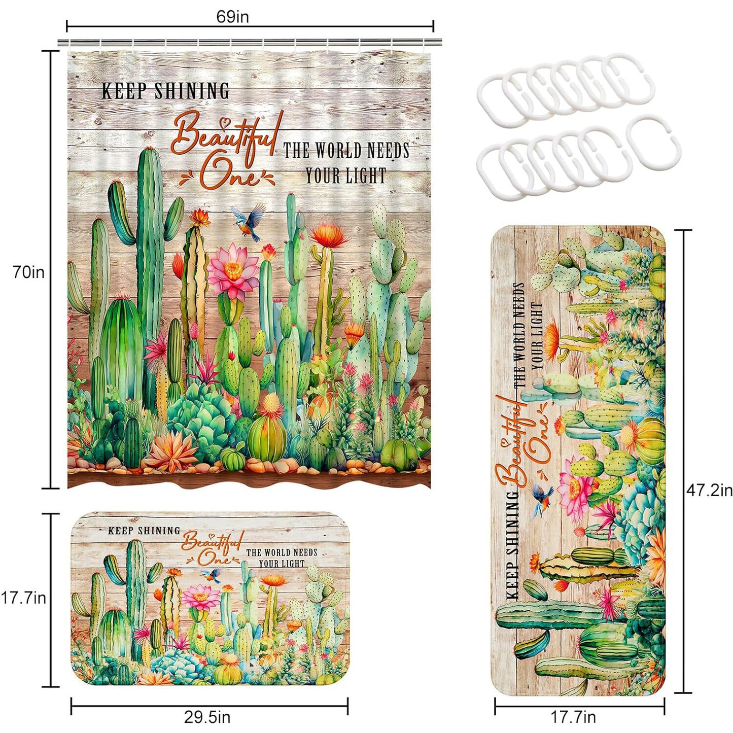 FRAMICS 15 Pc Cactus Shower Curtain Sets, Tropical Succulent Bathroom Sets with Non-Slip Rugs, Rustic Wooden Board Waterproof Fabric Shower Curtain with Bath Mat and 12 Hooks