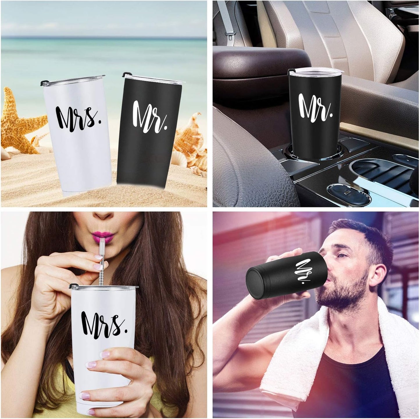 Gingprous 2 Pack 20 oz Mr and Mrs Stainless Steel Travel Tumblers Set with Lids Straws , Vacuum Insulated Tumblers , Black&White