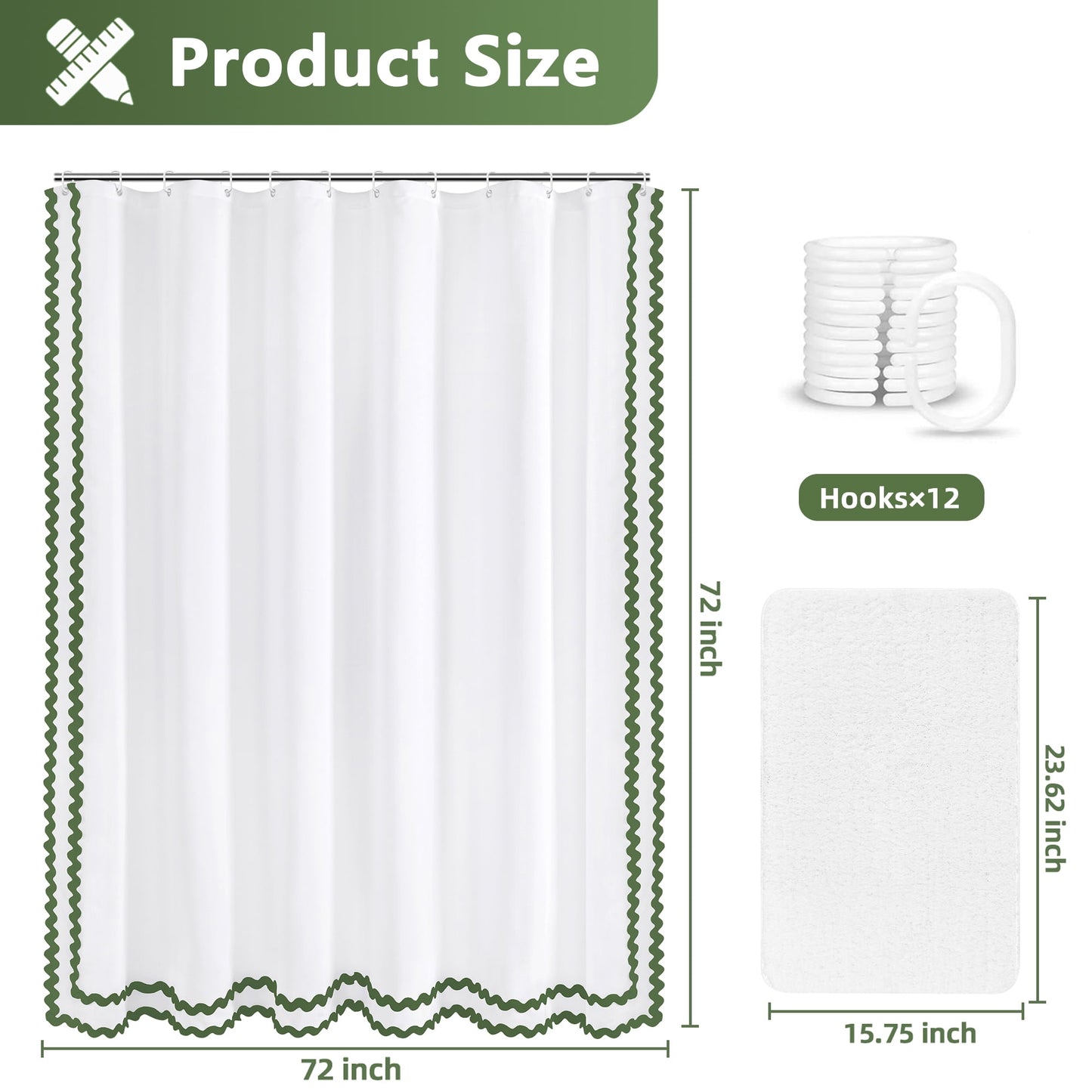 FRAMICS Sage Green Scalloped Shower Curtain Sets with Rug, 14 Piece Fabric Bathroom Sets with Hooks, Heavy-Duty Slub Textured & Waterproof, 72" x 72"