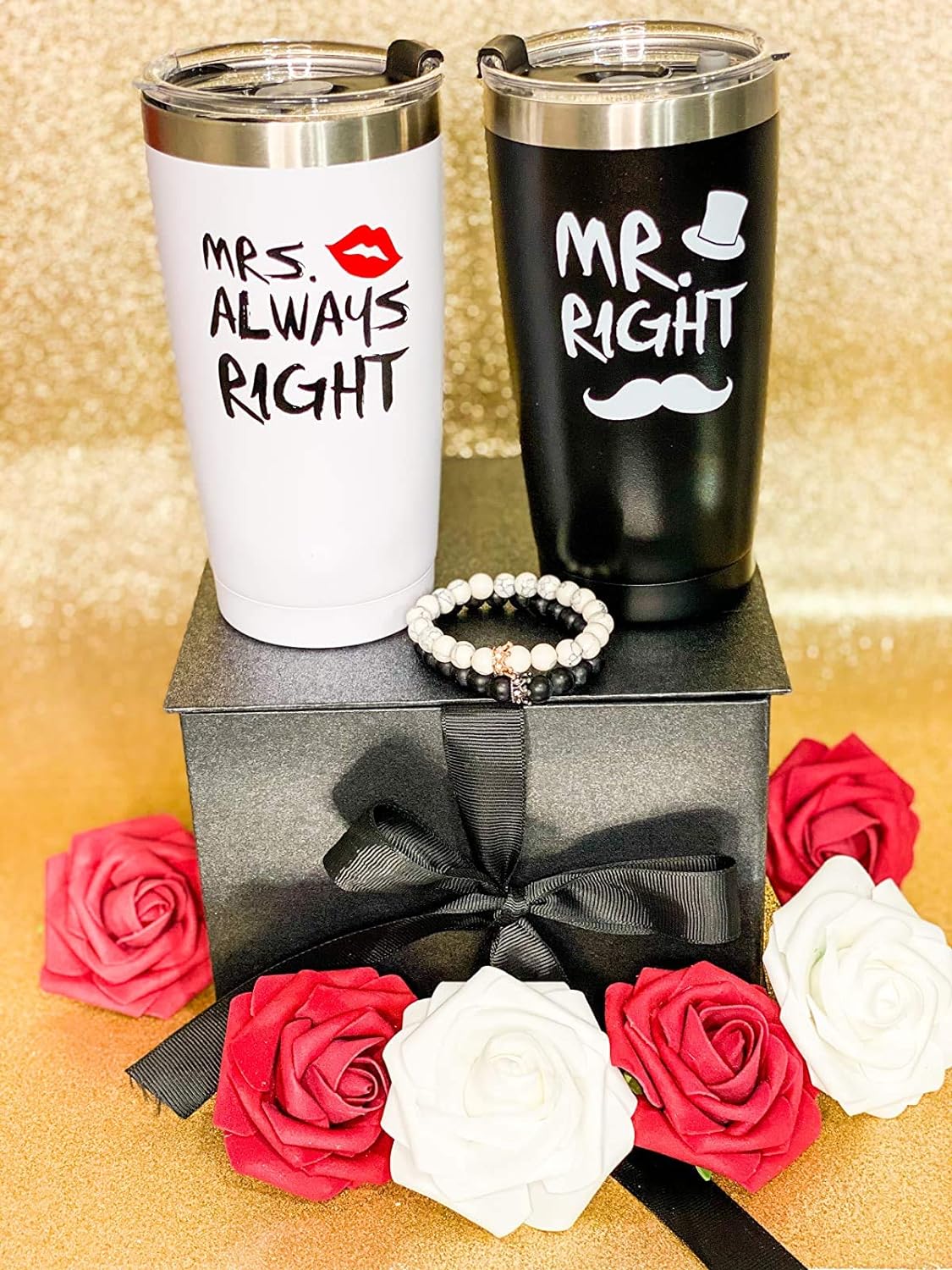 Gingprous 2 Pack 20 oz Mr. Right Mrs. Always Right Stainless Steel Travel Tumblers Set with Lids Straws , Black&White
