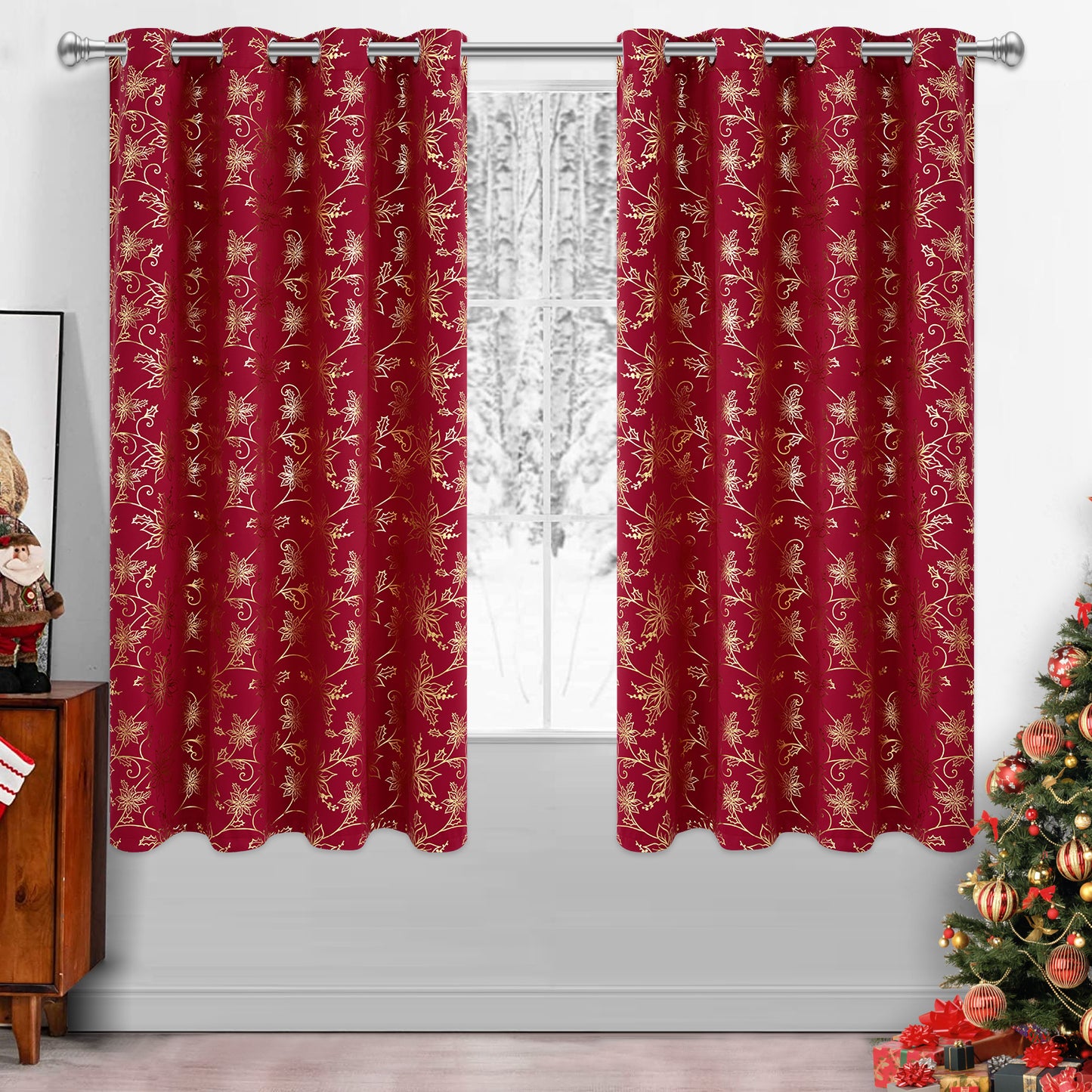 Alishomtll Christmas Curtain Golden Poinsettia Foil Print Blackout Window Curtains Drapes, 52" x 63"L, Red, Set of 2 Panels