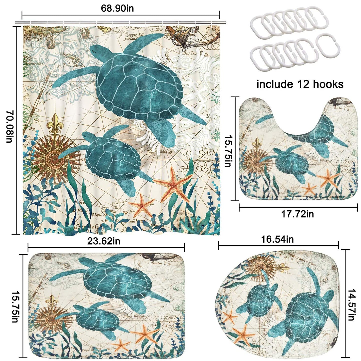 FRAMICS Sea Turtle Shower Curtain and Rug Sets, 16 Pc Blue Ocean Creature Landscape Bathroom Sets, Waterproof Fabric Shower Curtain with 12 Hooks and Toilet Rugs