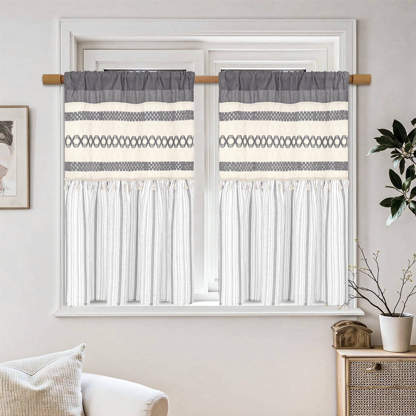 Alishomtll Boho Linen Light Filtering Curtains 84 Inches Long Farmhouse Rustic Striped Drapes Macrame Burlap ,Rod Pocket ,Beige ,with Tassel