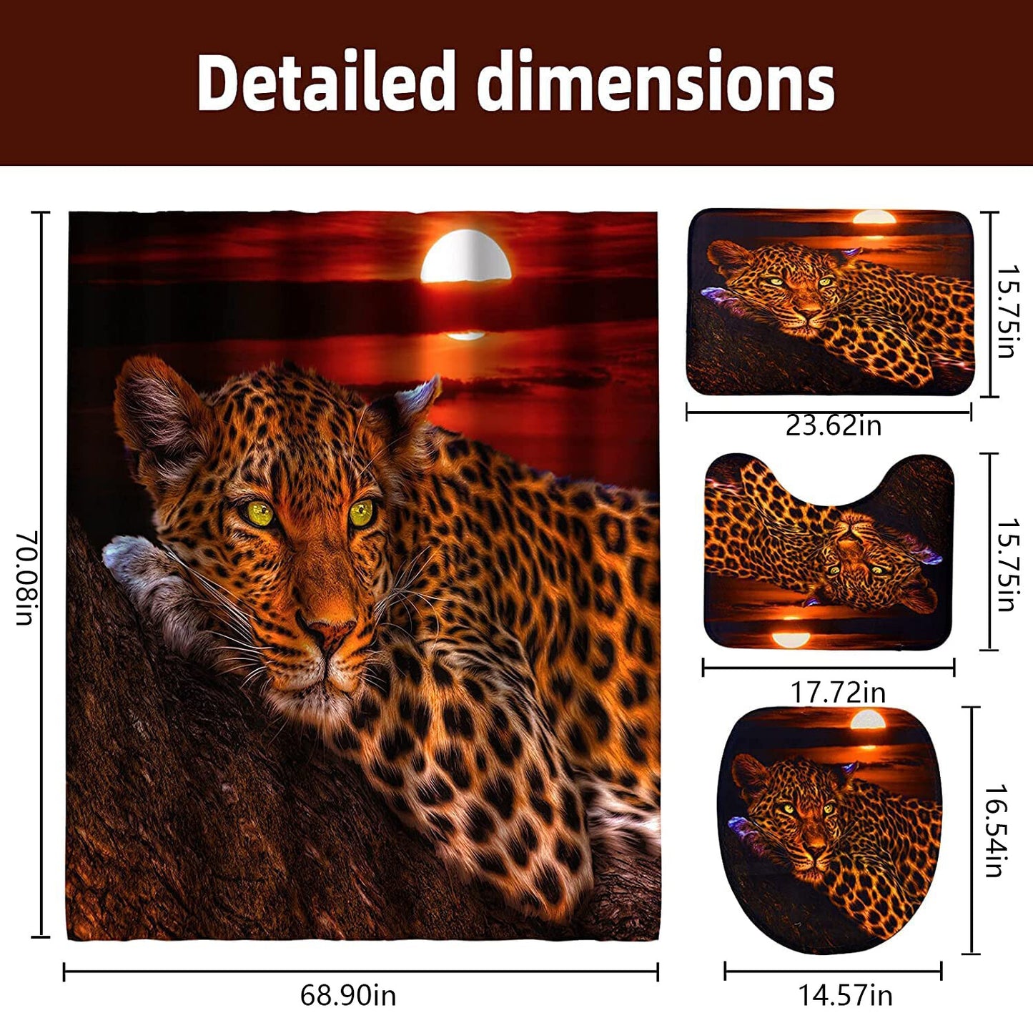 FRAMICS Leopard Cheetah Shower Curtain and Rug Sets, 16 Pc Brown Moon Bathroom Sets, Waterproof Fabric Shower Curtain with 12 Hooks and Toilet Rugs