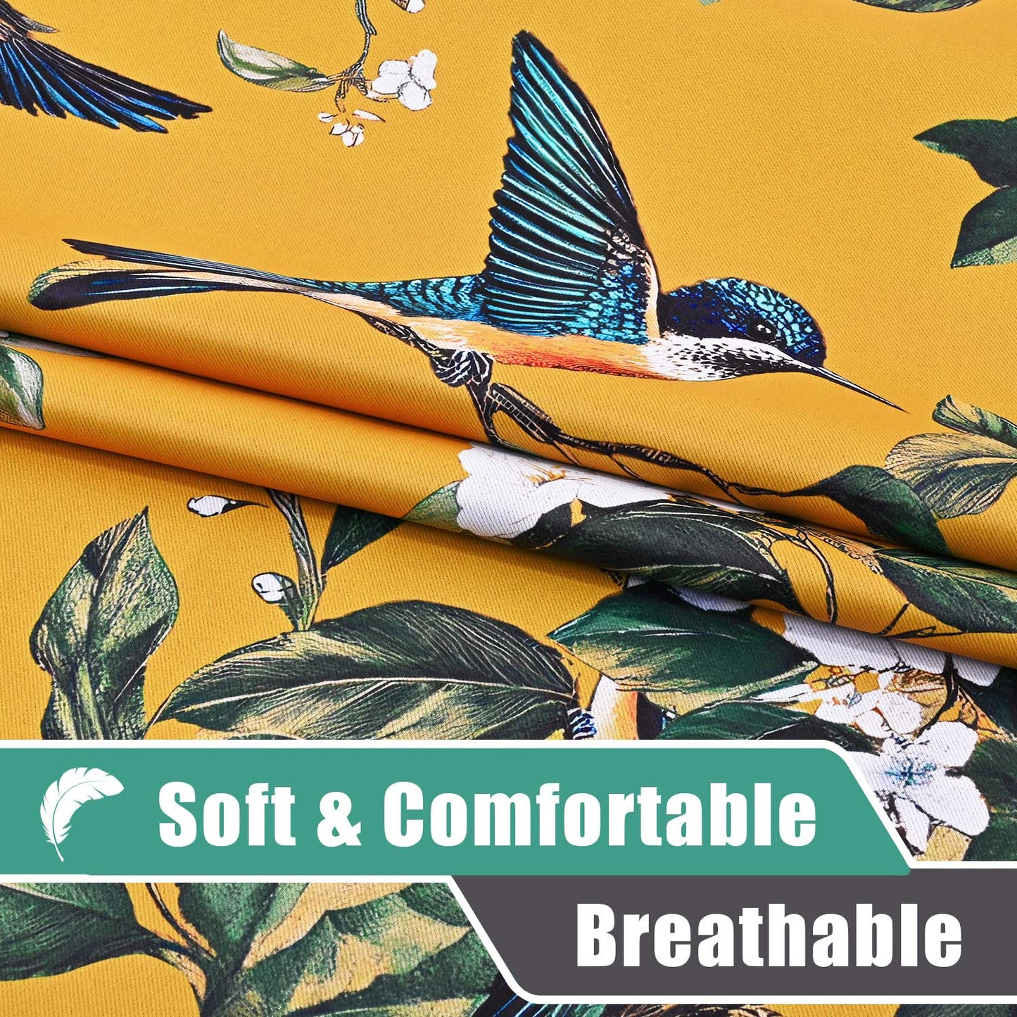 Alishomtll Floral Lemon Hummingbird Blackout Curtains Room Darkening Grommet Window Drapes for Living Room , 52" x63", ,Set of 2 Panels,Yellow