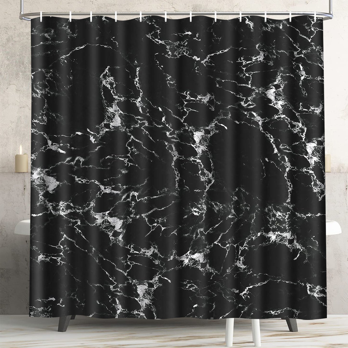 FRAMICS Black White Marble Shower Curtain and Rug Sets, 16 Pc Abstract Modern Bathroom Sets, Waterproof Fabric Shower Curtain with 12 Hooks and Toilet Rugs
