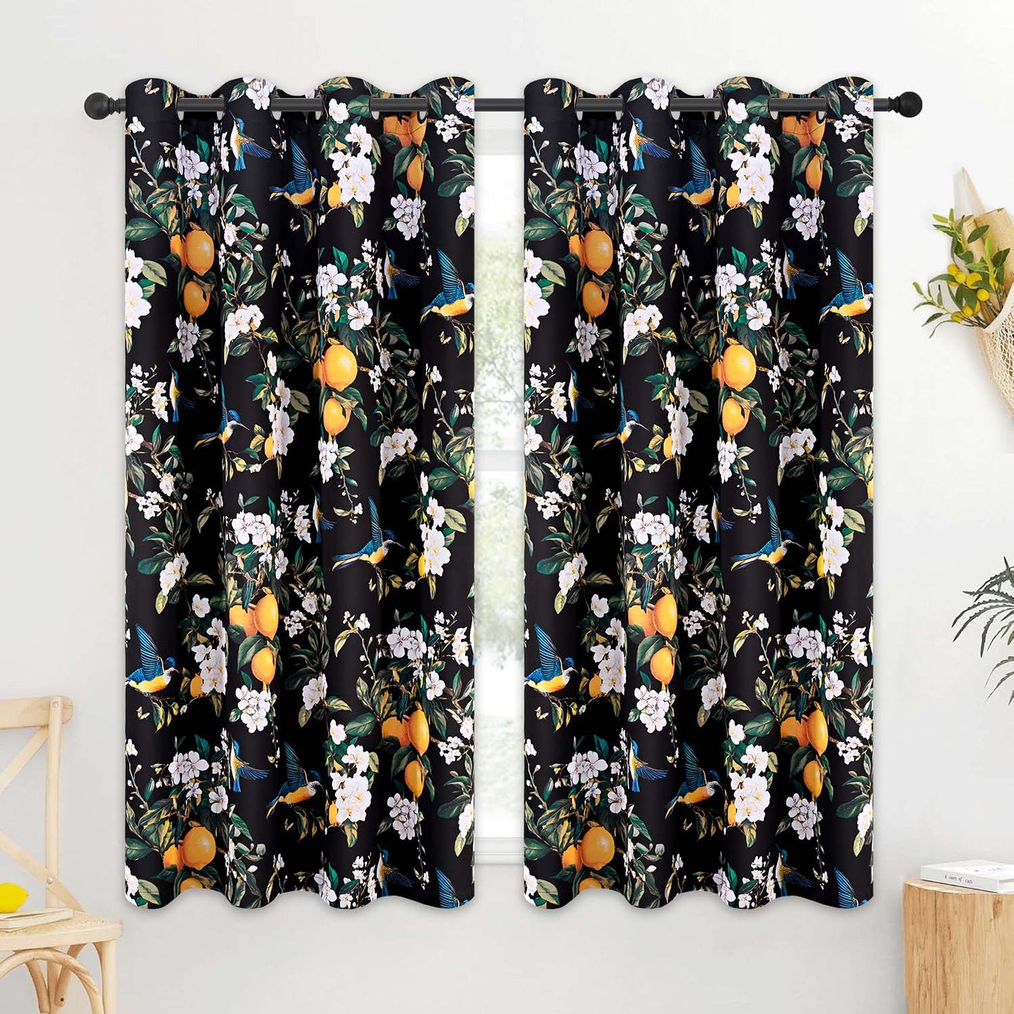 Alishomtll Floral Lemon Hummingbird Blackout Curtains Room Darkening Grommet Window Drapes for Living Room , 52" x63", ,Set of 2 Panels,Black