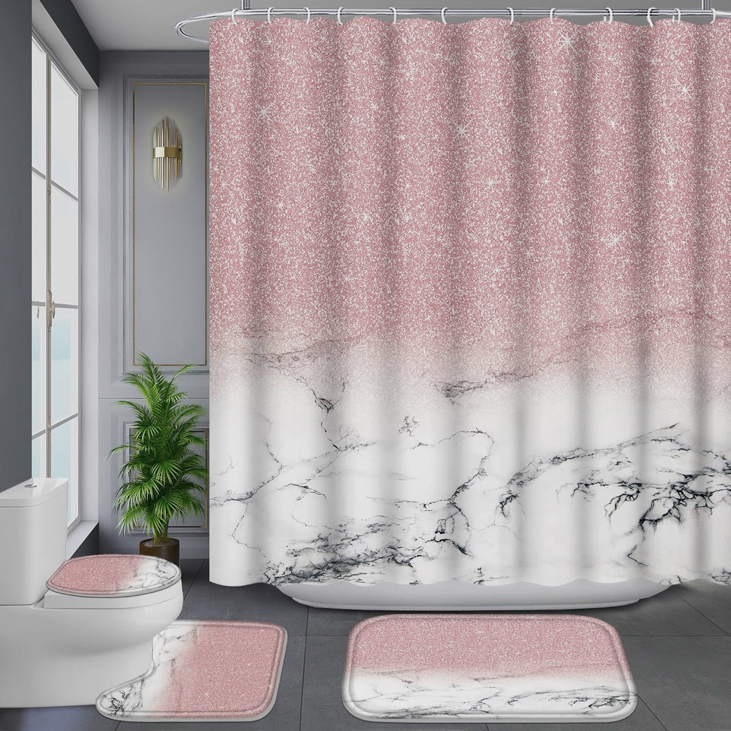 FRAMICS Pink Shiny (No Glitter) Marble Shower Curtain and Rug Sets, 16-Piece Modern Bathroom Sets, Waterproof Fabric Shower Curtain with 12 Hooks and Toilet Rugs
