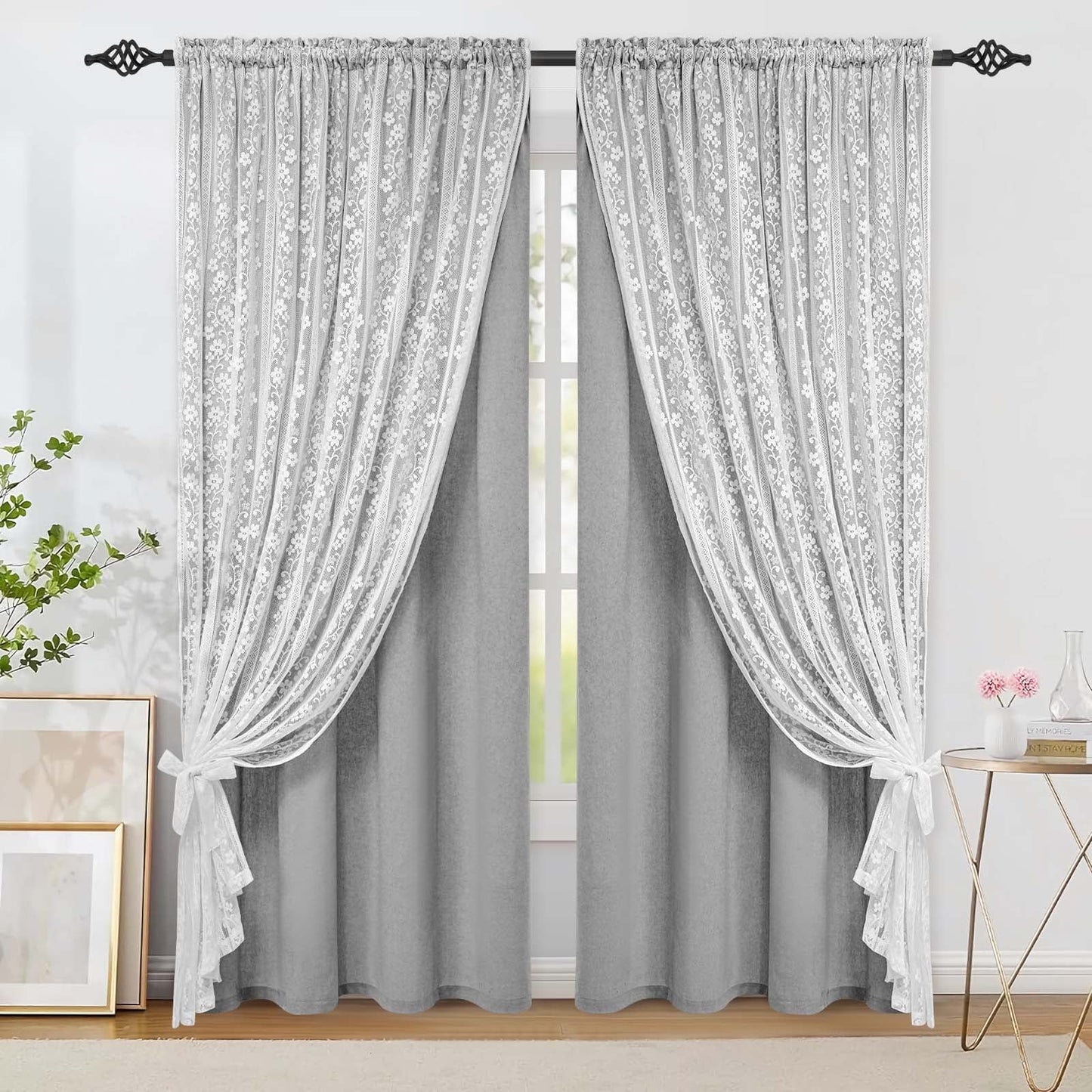 Alishomtll Beige Linen Curtains with Lace Sheer 84 Inches Long, Double Layer Light Filtering Window Drapes for Bedroom Living Room,W52 X L84,2 Panels
