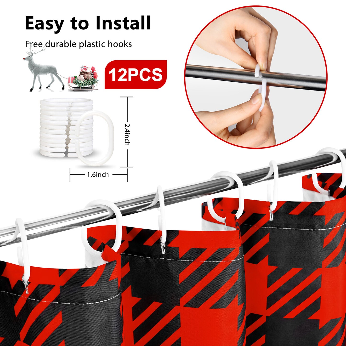 FRAMICS Merry Christmas Shower Curtain Sets with Rugs, Red Buffalo Plaid Bathroom Decor Sets, Xmas Tree Waterproof Fabric Shower Curtain with 12 Hooks and Toilet Rugs