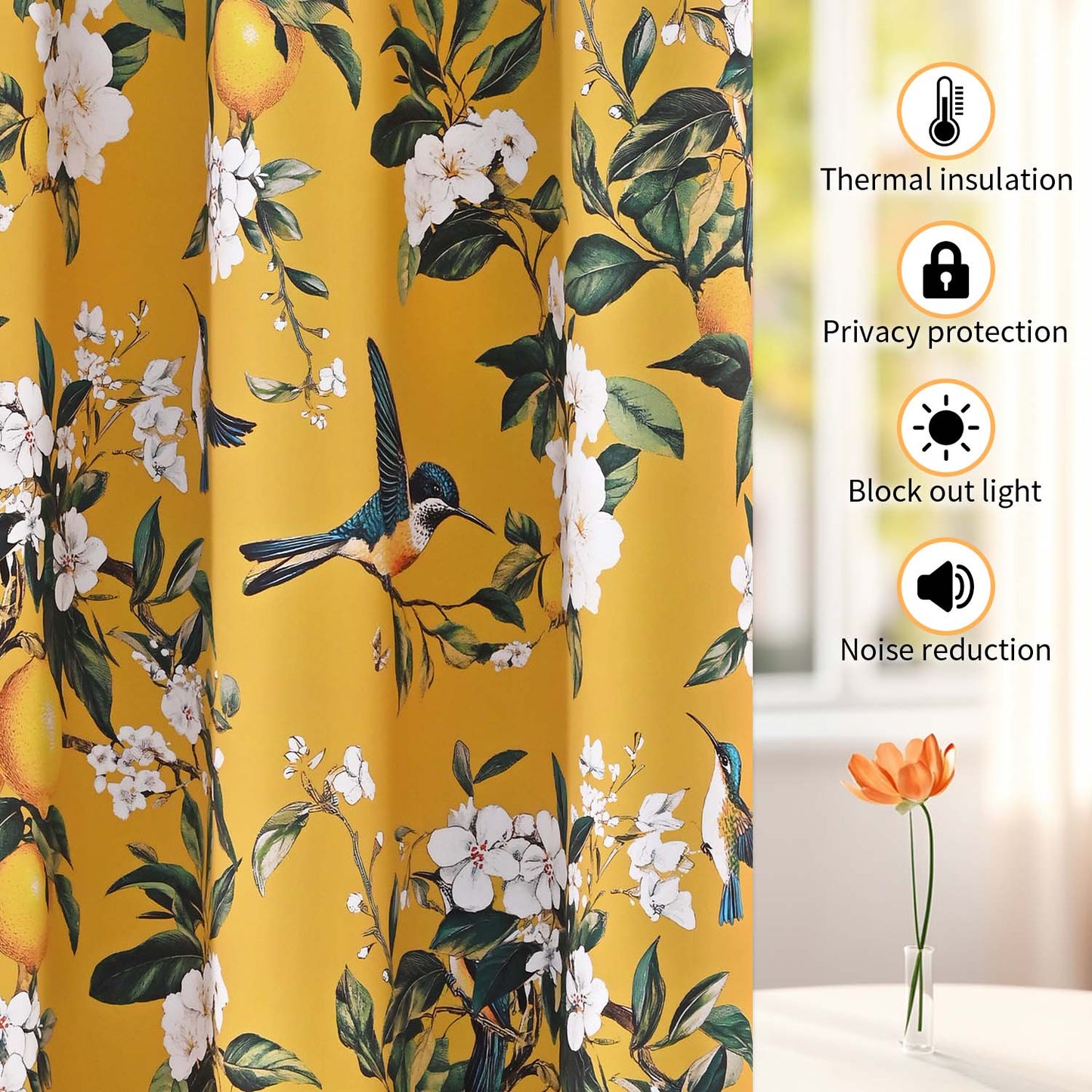 Alishomtll Floral Lemon Hummingbird Blackout Curtains Room Darkening Grommet Window Drapes for Living Room , 52" x63", ,Set of 2 Panels,Yellow