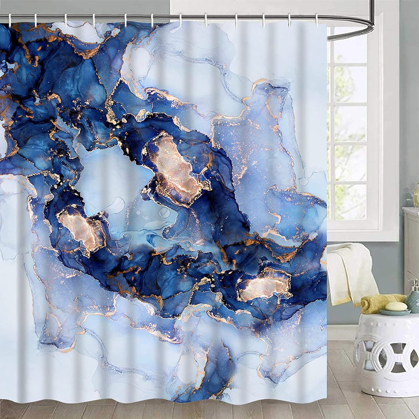 FRAMICS Navy Blue Luxury Marble Shower Curtain and Rug Sets, 16 Pc Modern Abstract Bathroom Sets, Waterproof Fabric Shower Curtain with 12 Hooks and Toilet Rugs