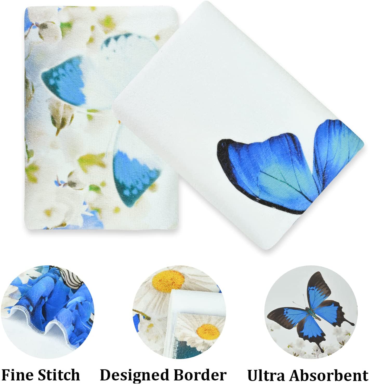 Alishomtll Butterfly and Flower Bath Towel Sets Blue Plant and Insect Towel Include Beach Towel, Hand Towel and Kitchen Dish Towels