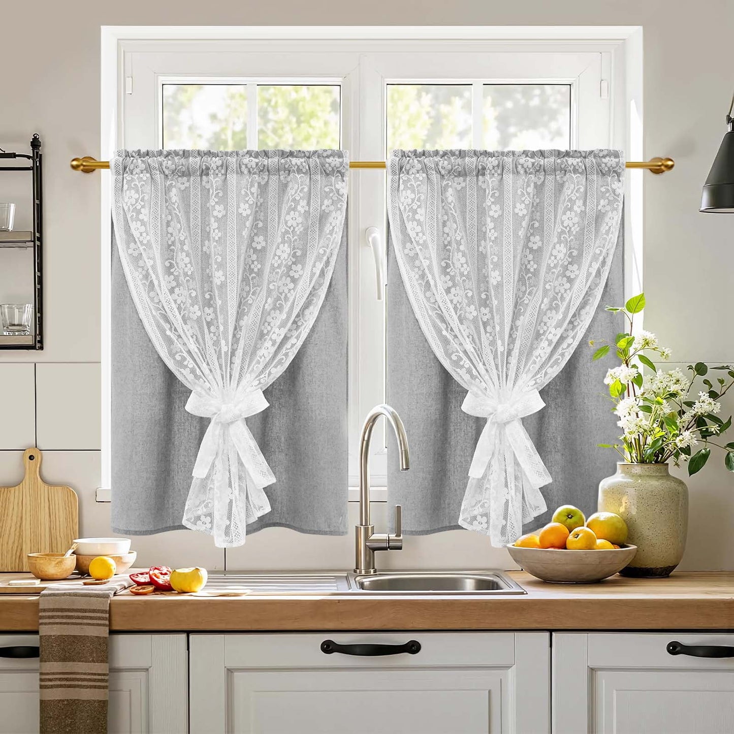 Alishomtll Beige Linen Curtains with Lace Sheer 84 Inches Long, Double Layer Light Filtering Window Drapes for Bedroom Living Room,W52 X L84,2 Panels