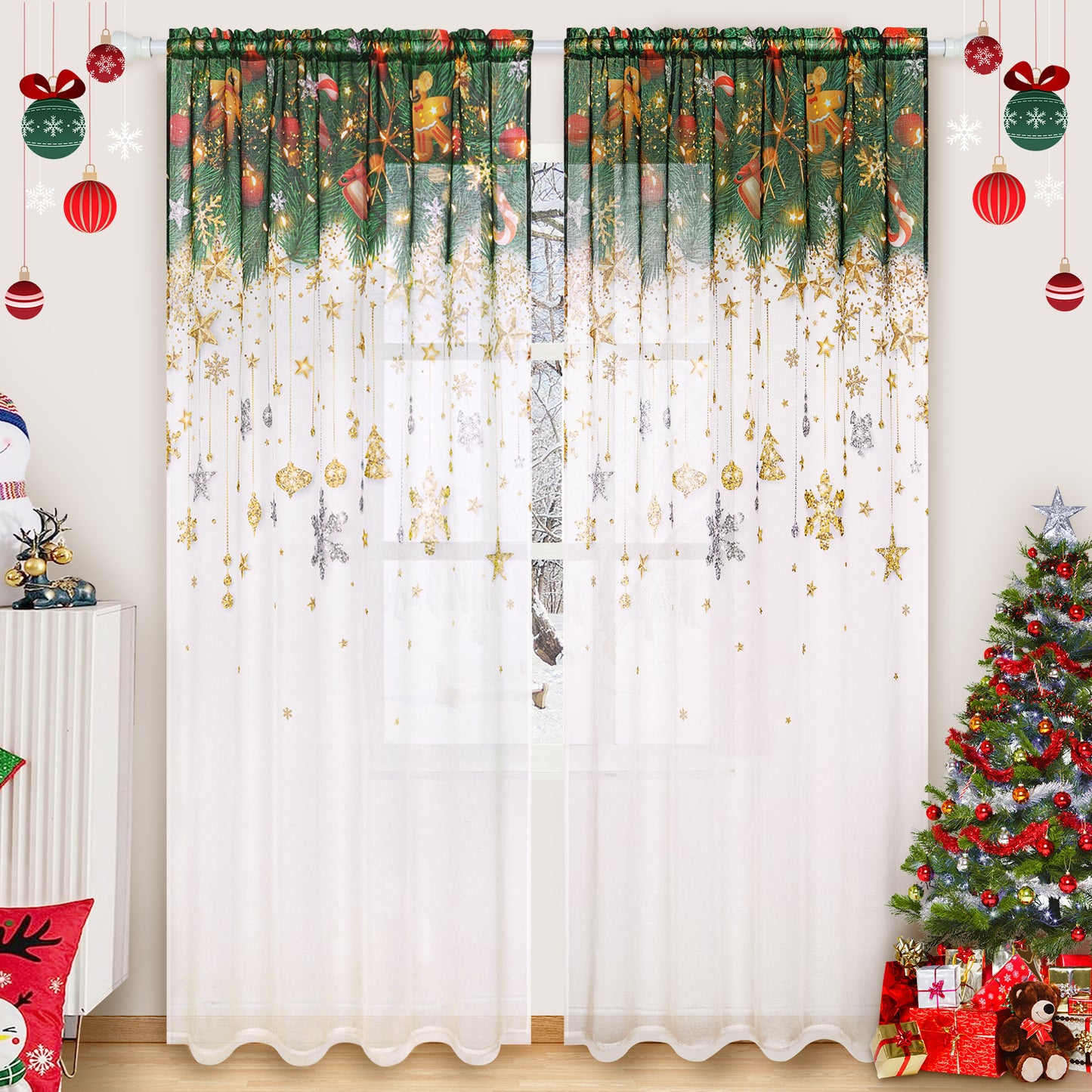 Alishomtll Snowflakes Christmas Curtain White Glitter Stars Sheer Voile Curtain Winter Window Drape, 52"W x 84"L,2 Panels