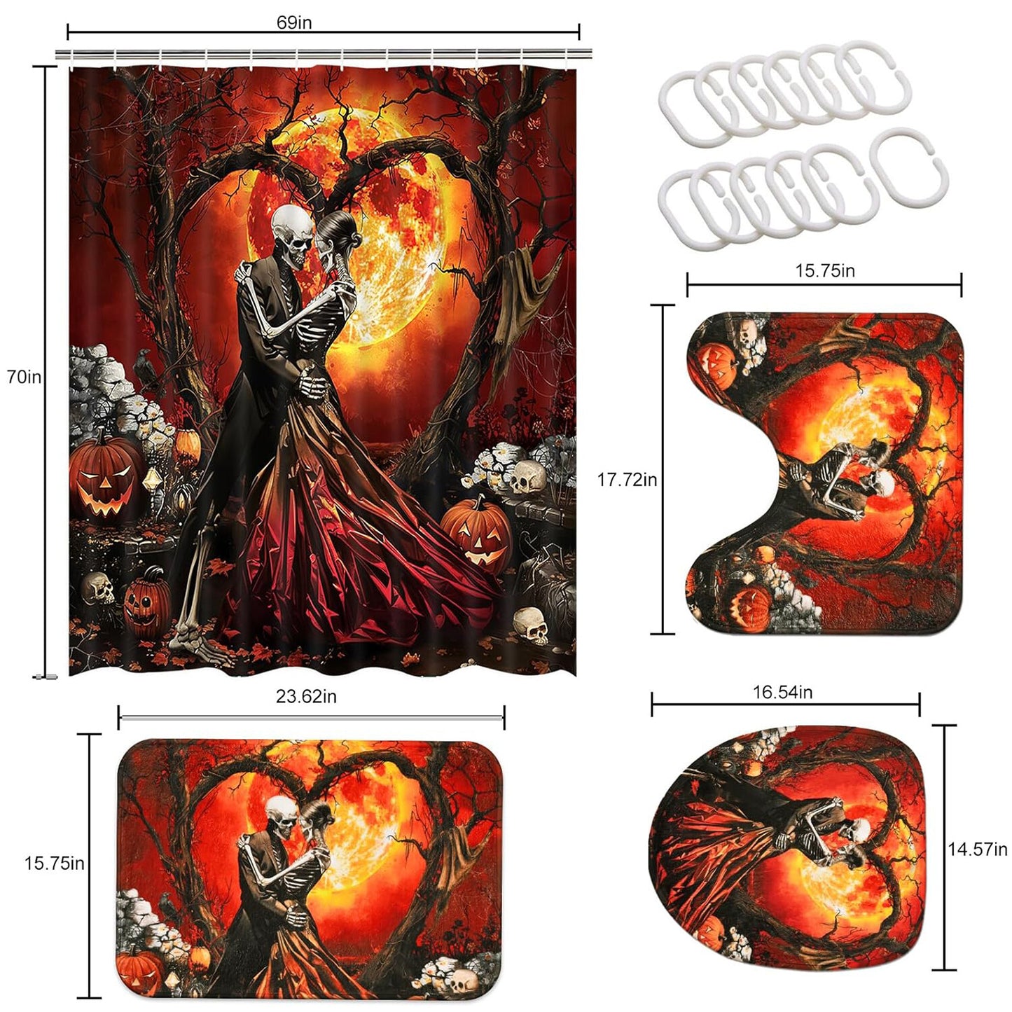 FRAMICS Halloween Skull Shower Curtain Sets with Rugs, 16 Pc Horror Skeleton Couple Bathroom Sets, Orange Waterproof Fabric Bathroom Curtain Decor with Hooks