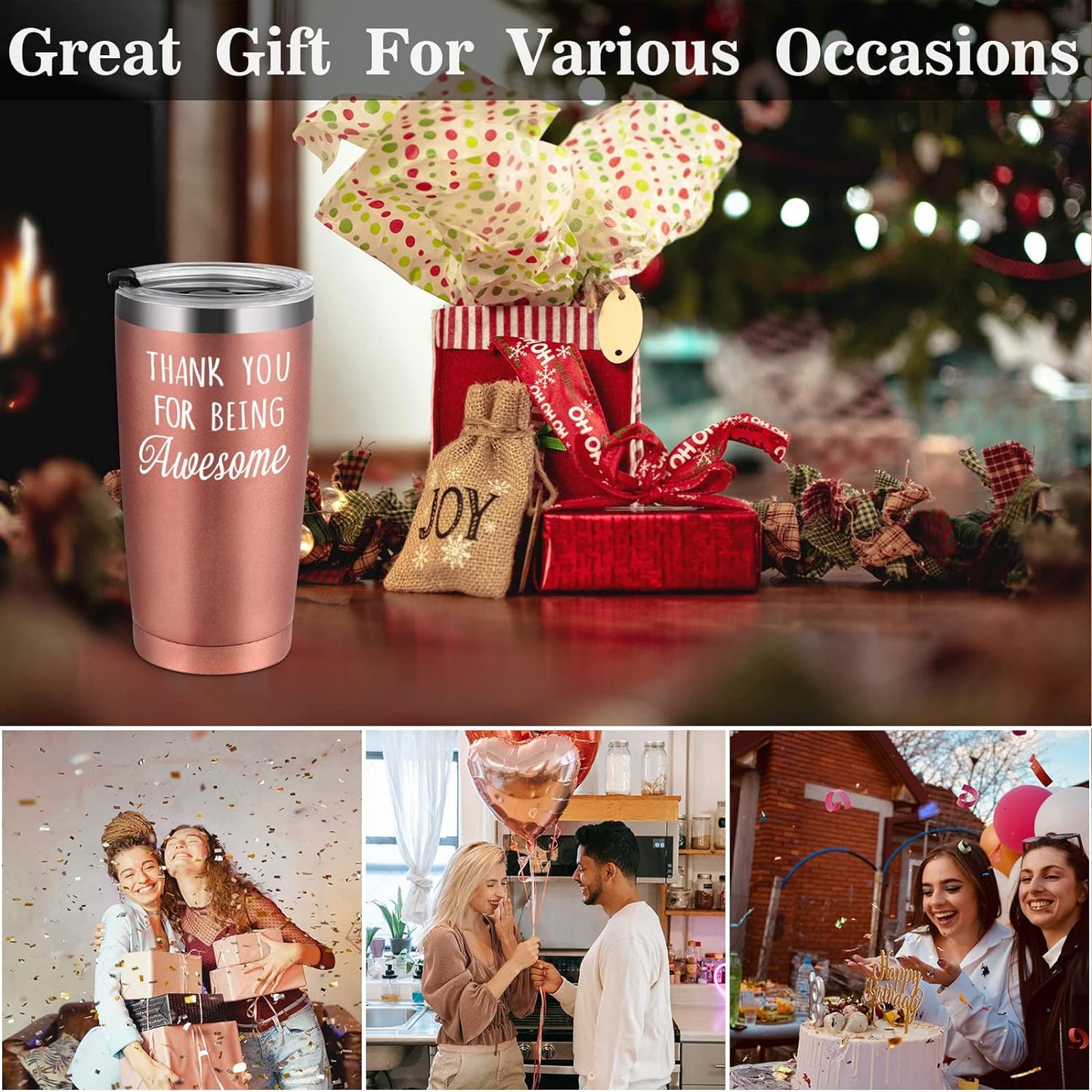 Gingprous 4 Pack Thank You for Being Awesome, Stainless Steel Insulated Travel Tumbler with Lids Straws , Double Wall Vacuum Tumblers,Appreciation Christmas Gifts