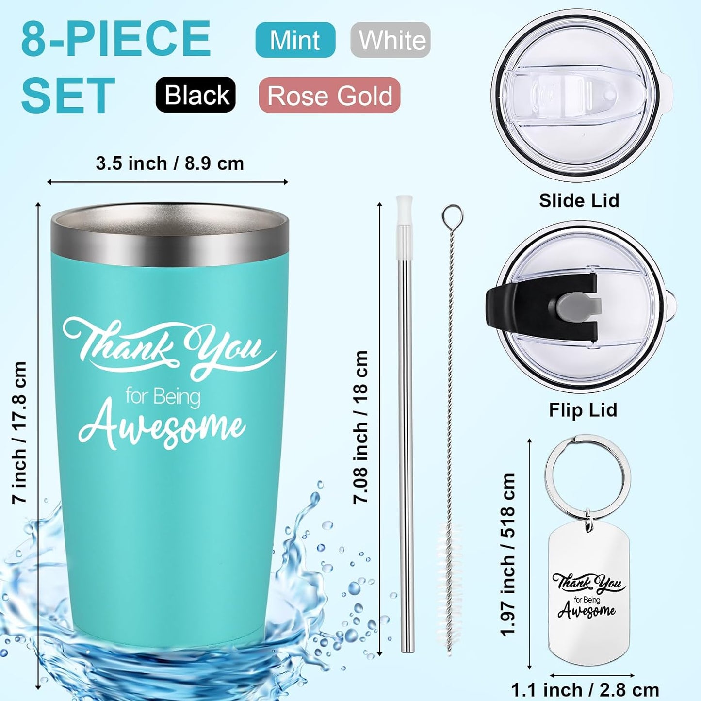 Gingprous Thank You for Being Awesome , 20oz Insulated Stainless Steel Travel Tumbler Sets with Lid and Straw,Appreciation Gifts for Women Men with Keychain (Multicolor, 8 Pcs)