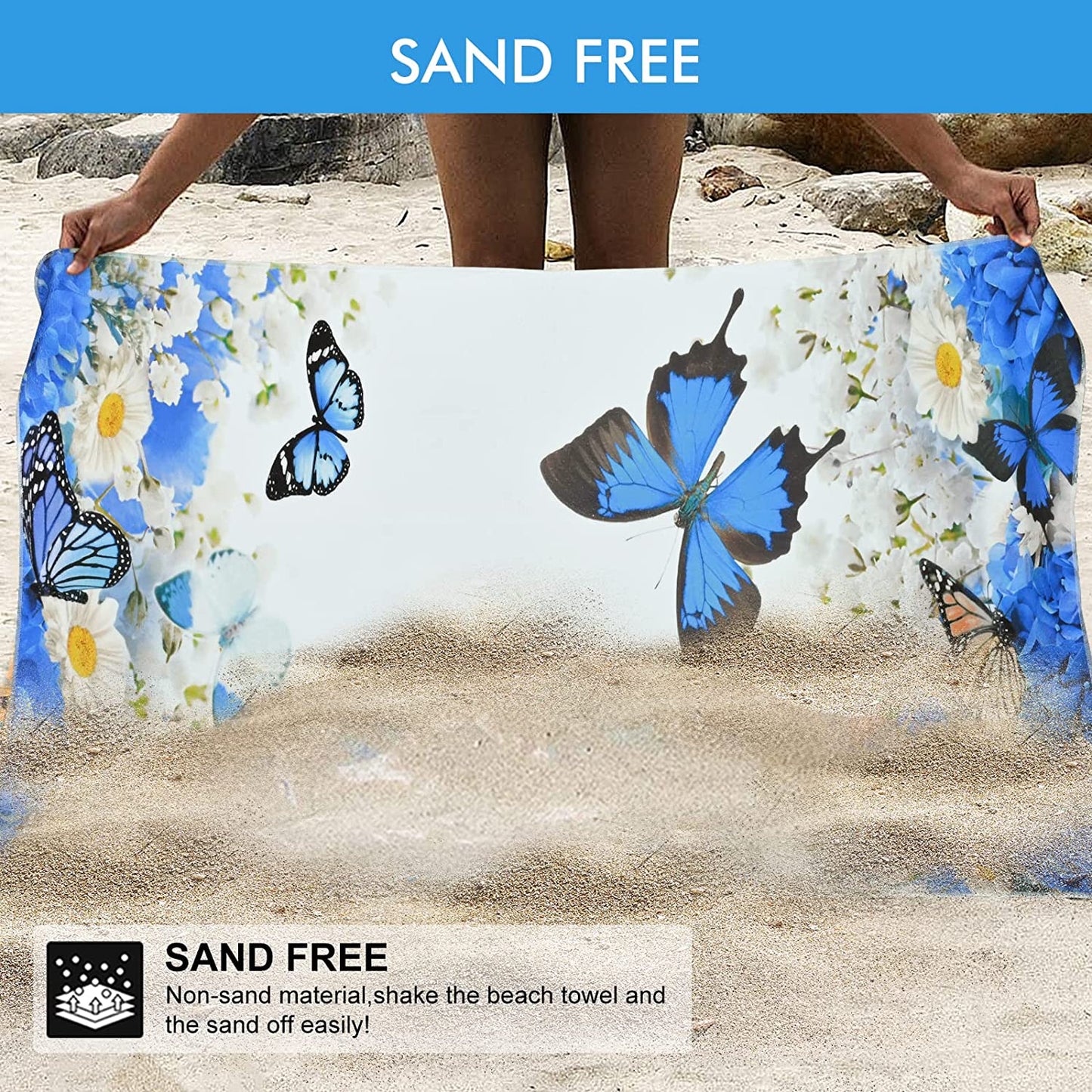 Alishomtll Butterfly and Flower Bath Towel Sets Blue Plant and Insect Towel Include Beach Towel, Hand Towel and Kitchen Dish Towels