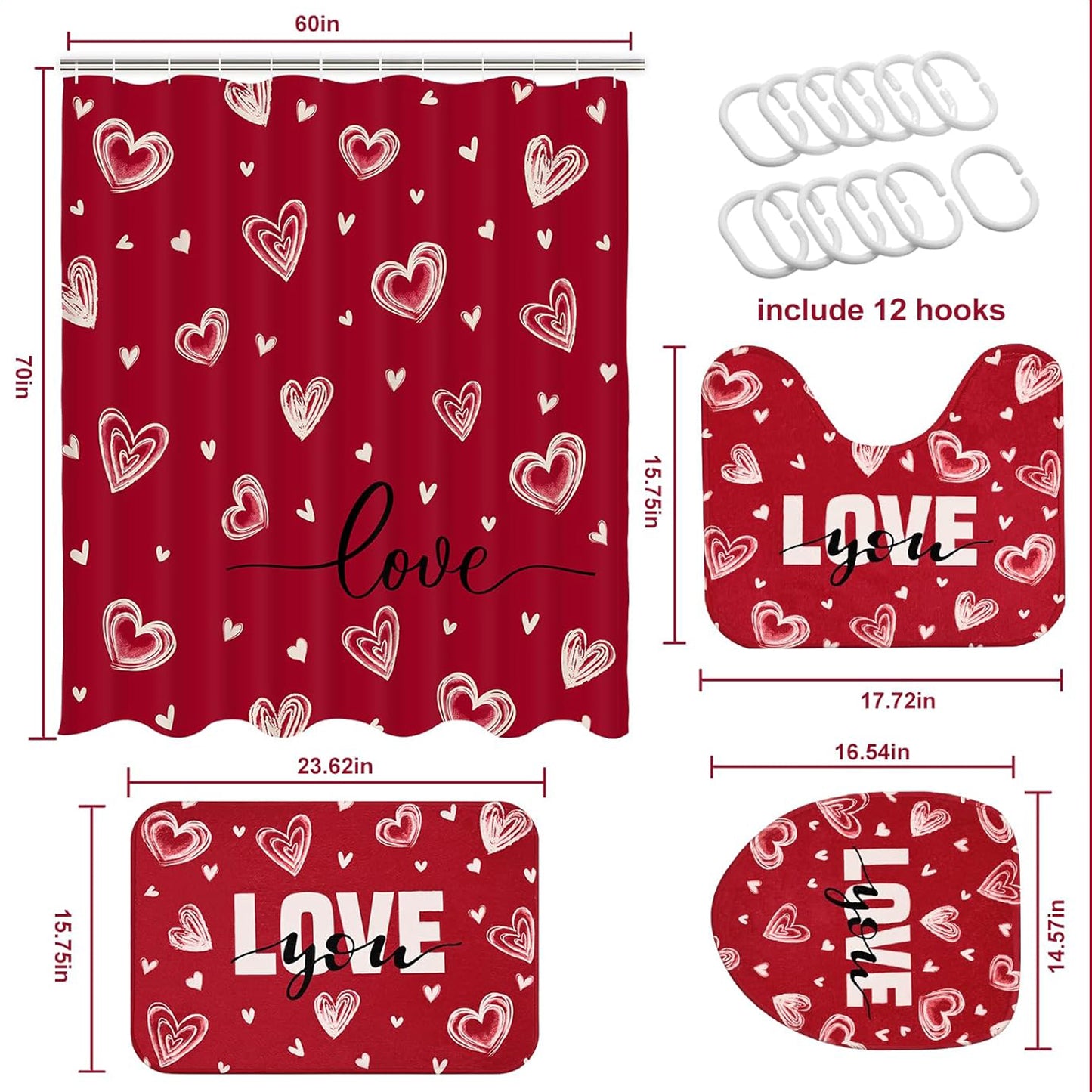 FRAMICS Valentine's Day Shower Curtain Sets with Rugs, 16 Pc Love Heart Romantic Bathroom Sets, Red Waterproof Fabric Bathroom Curtain Decor with Hooks