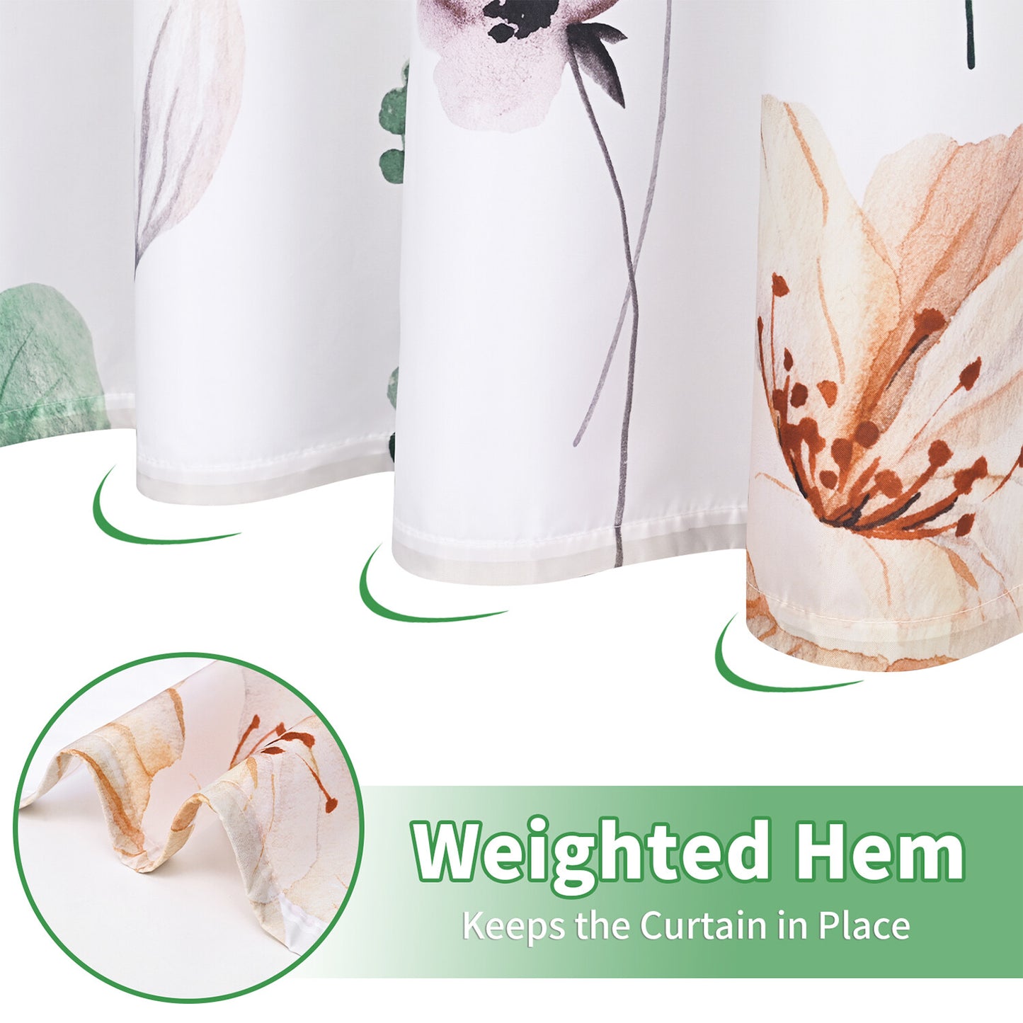 FRAMICS Watercolor Floral Shower Curtain Sets with Rugs, 16 Pc Sage Green Flower Bathroom Sets, Modern Minimalist White Waterproof Fabric Bathroom Curtain Decor with Hooks