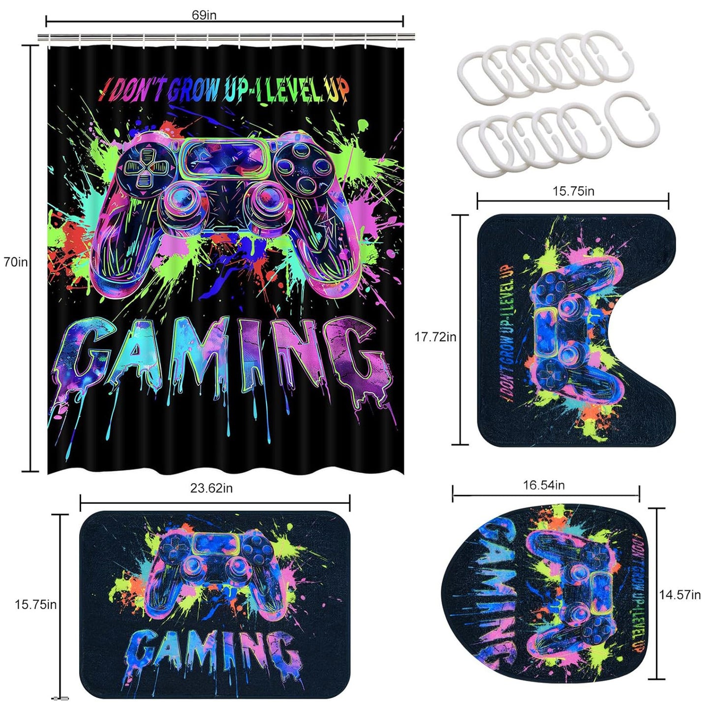 FRAMICS Blacklight Gaming Shower Curtain Sets with Rugs, 16 Pc Videogames Gamepad Bathroom Sets, Waterproof Fabric Bathroom Curtain Decor with Hooks for Boys Kids