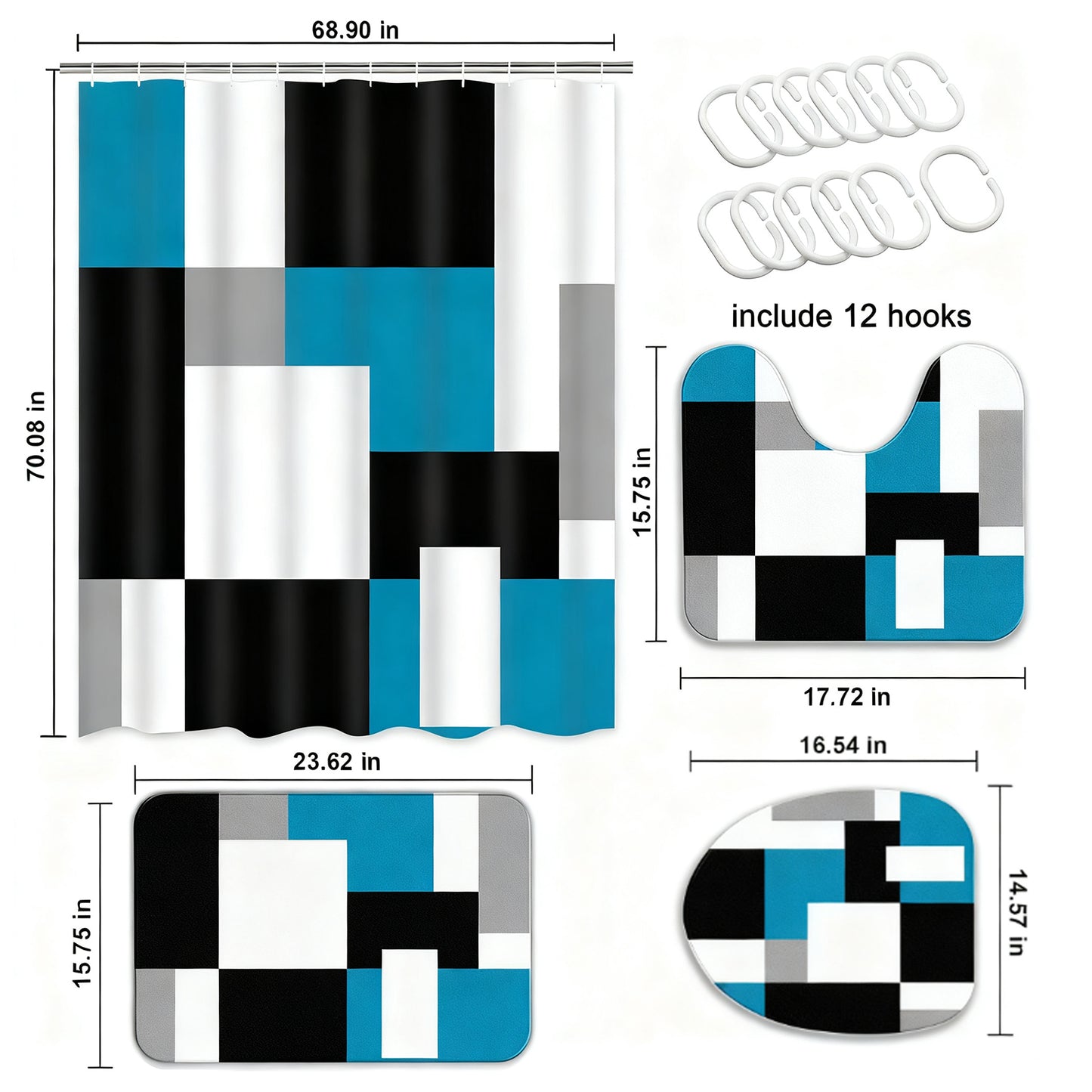 FRAMICS Blue Geometric Shower Curtain and Rug Sets, 16 Pc Black Grey Modern Abstract Bathroom Sets, Waterproof Fabric Shower Curtain with 12 Hooks and Toilet Rugs