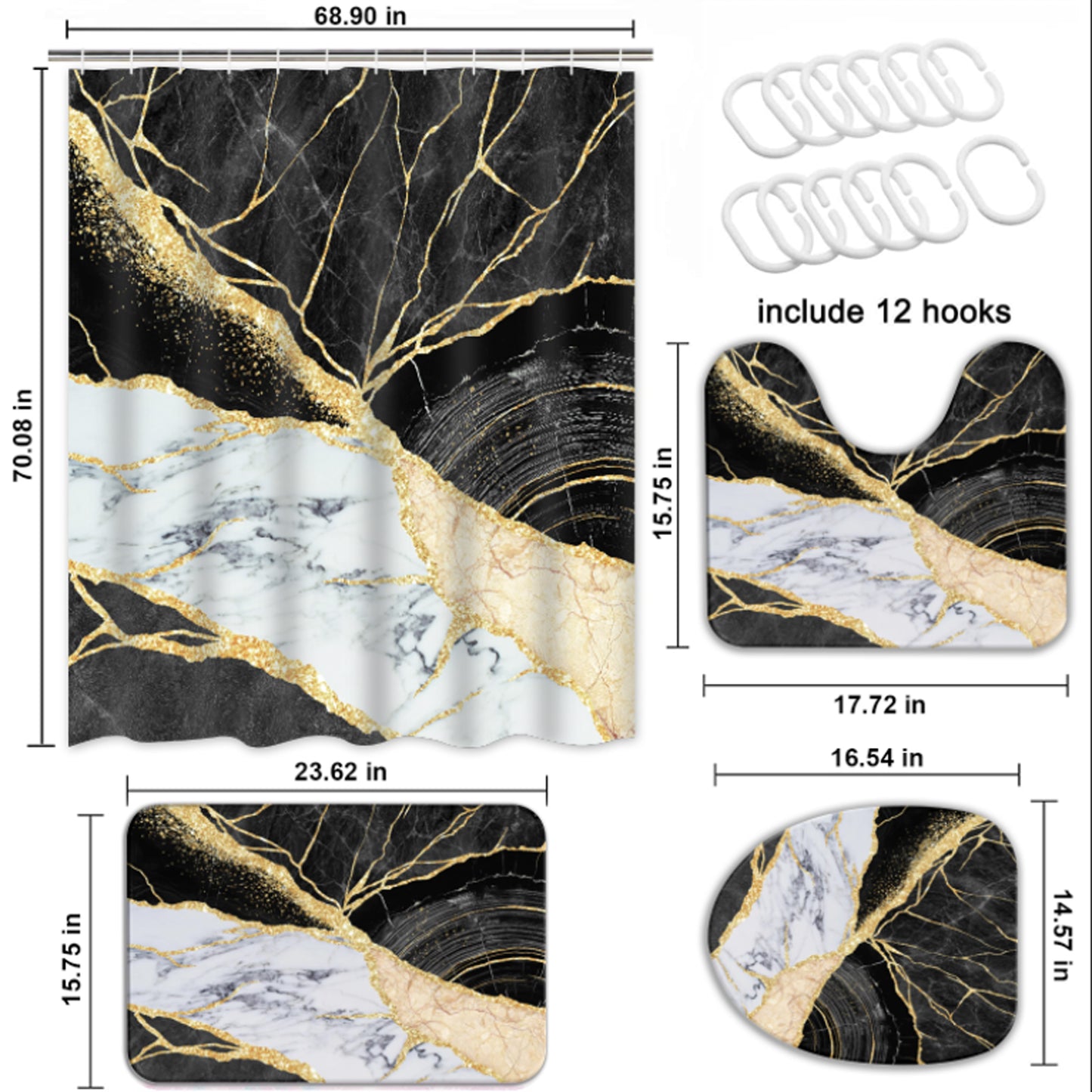 FRAMICS Black Gold Marble Shower Curtain and Rug Sets, 16 Pc Modern Bathroom Sets, Waterproof Fabric Shower Curtain with 12 Hooks and Toilet Rugs