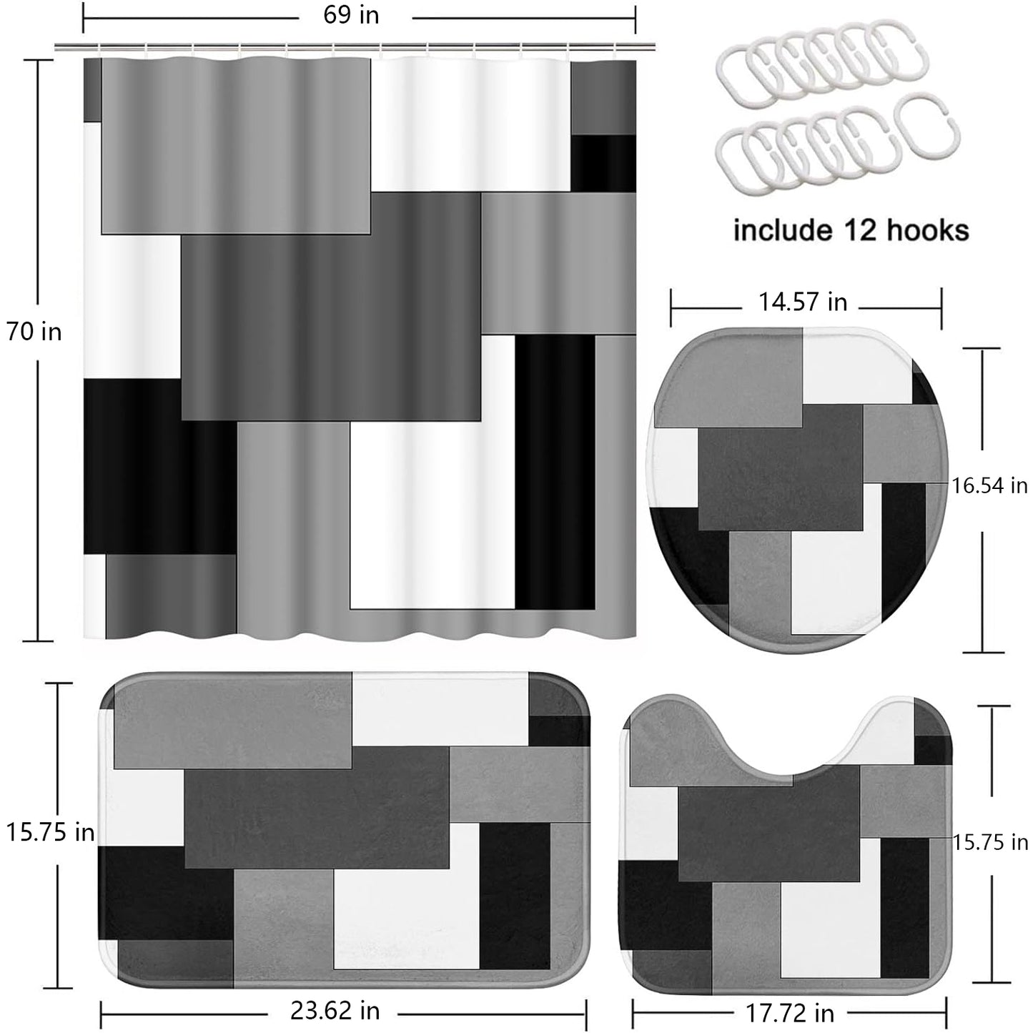 FRAMICS Gray Geometric Shower Curtain and Rug Sets, 16 Pc Black White Checkered Bathroom Sets, Modern Abstract Waterproof Fabric Shower Curtain Sets with 12 Hooks