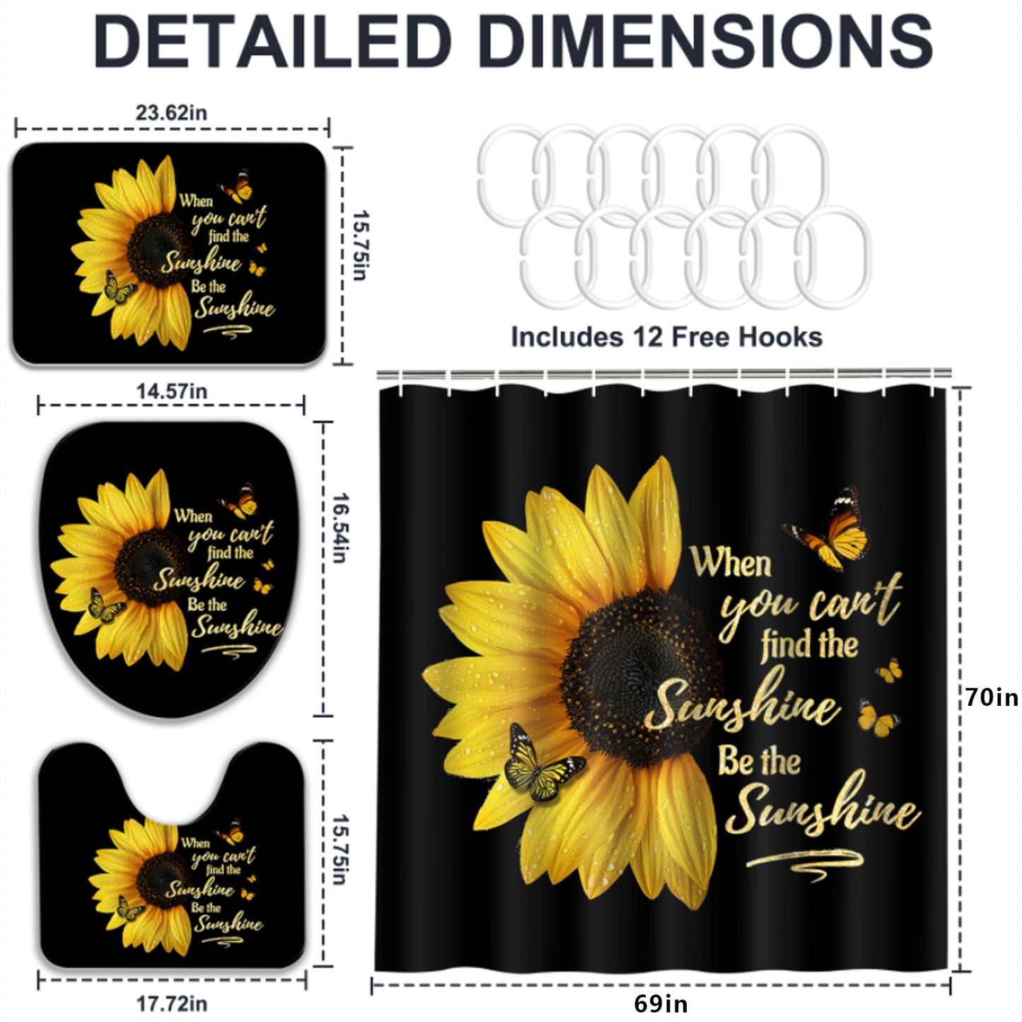 FRAMICS 16 Pc Sunflower Butterfly Shower Curtain and Rug Sets, Flower Quotes Bathroom Sets, Black Waterproof Fabric Shower Curtain with 12 Hooks and Toilet Rugs
