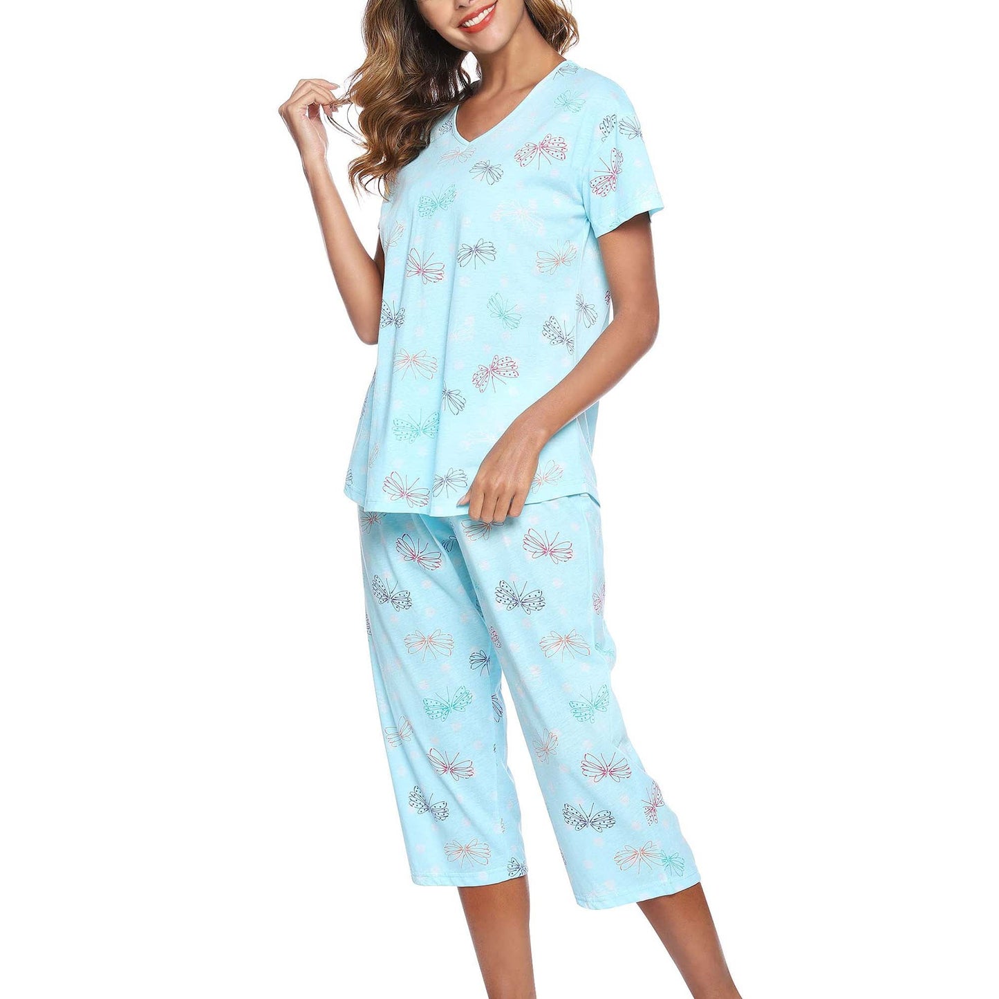 MecTo Womens Pajama Sets Cotton Pj Set Short Sleeve Top with Capri Pants Sleepwear 2 Piece Lounge Set