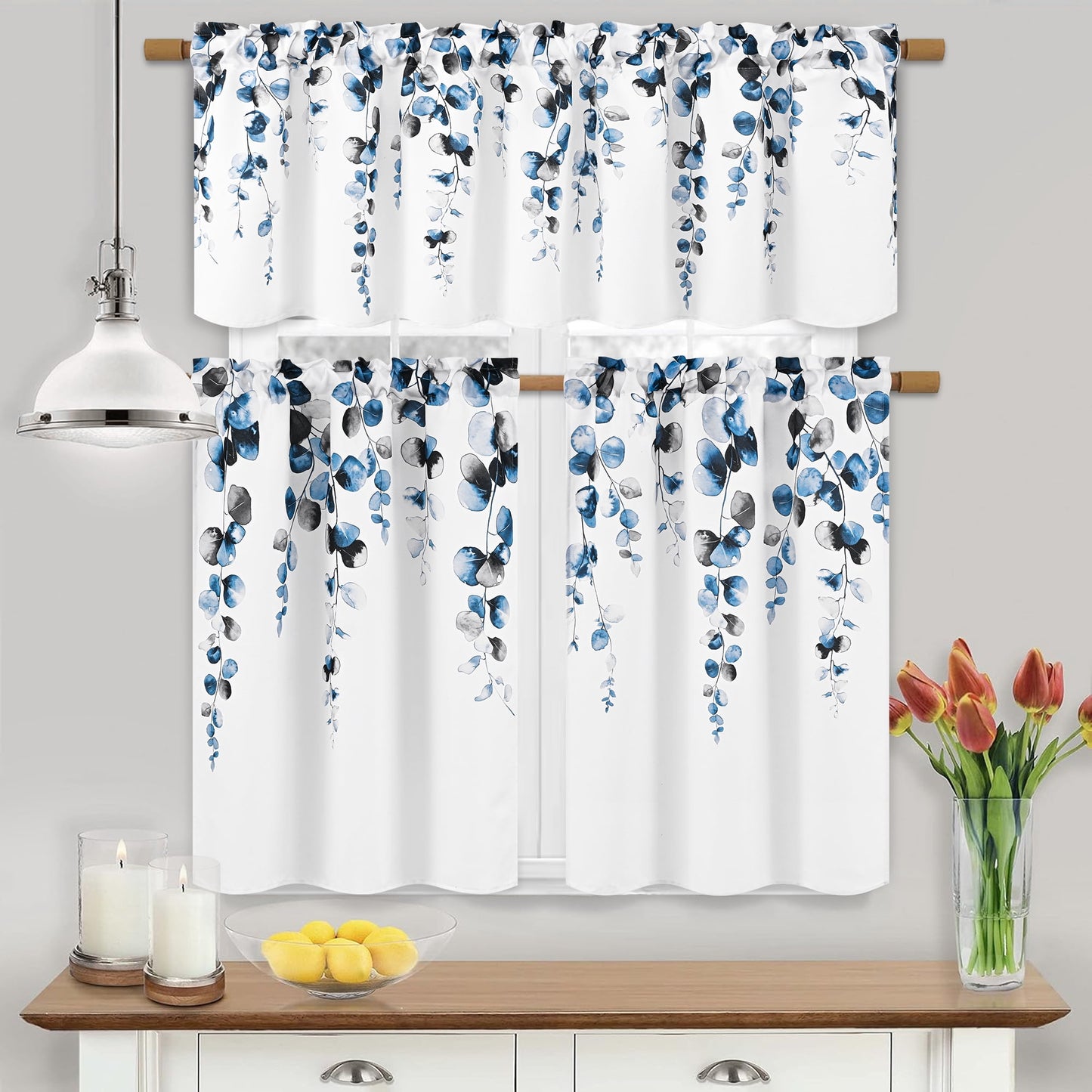 Alishomtll Valance Curtains for Living Room Bedroom Kitchen Windows Grey Blue Watercolor Leaves Print ,52 x 18 inch,Rod Pocket