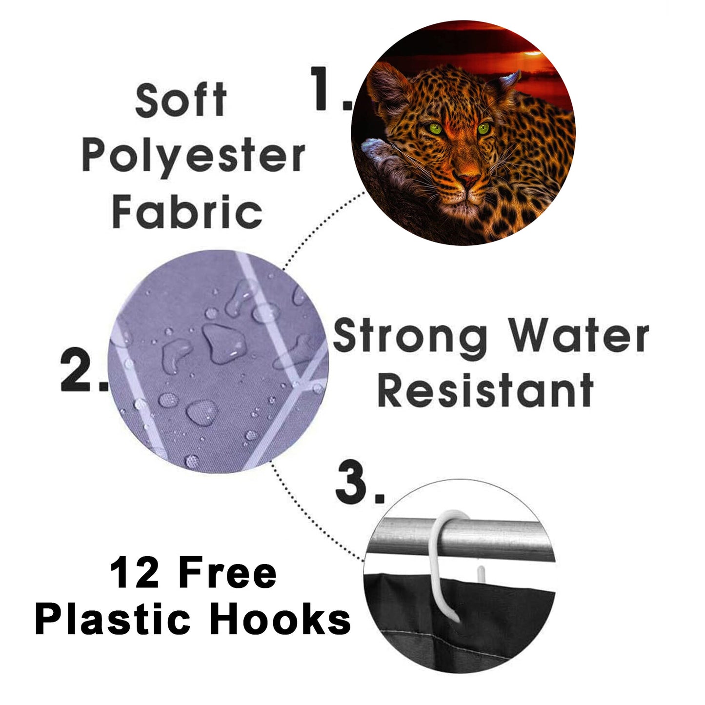 FRAMICS Leopard Cheetah Shower Curtain and Rug Sets, 16 Pc Brown Moon Bathroom Sets, Waterproof Fabric Shower Curtain with 12 Hooks and Toilet Rugs