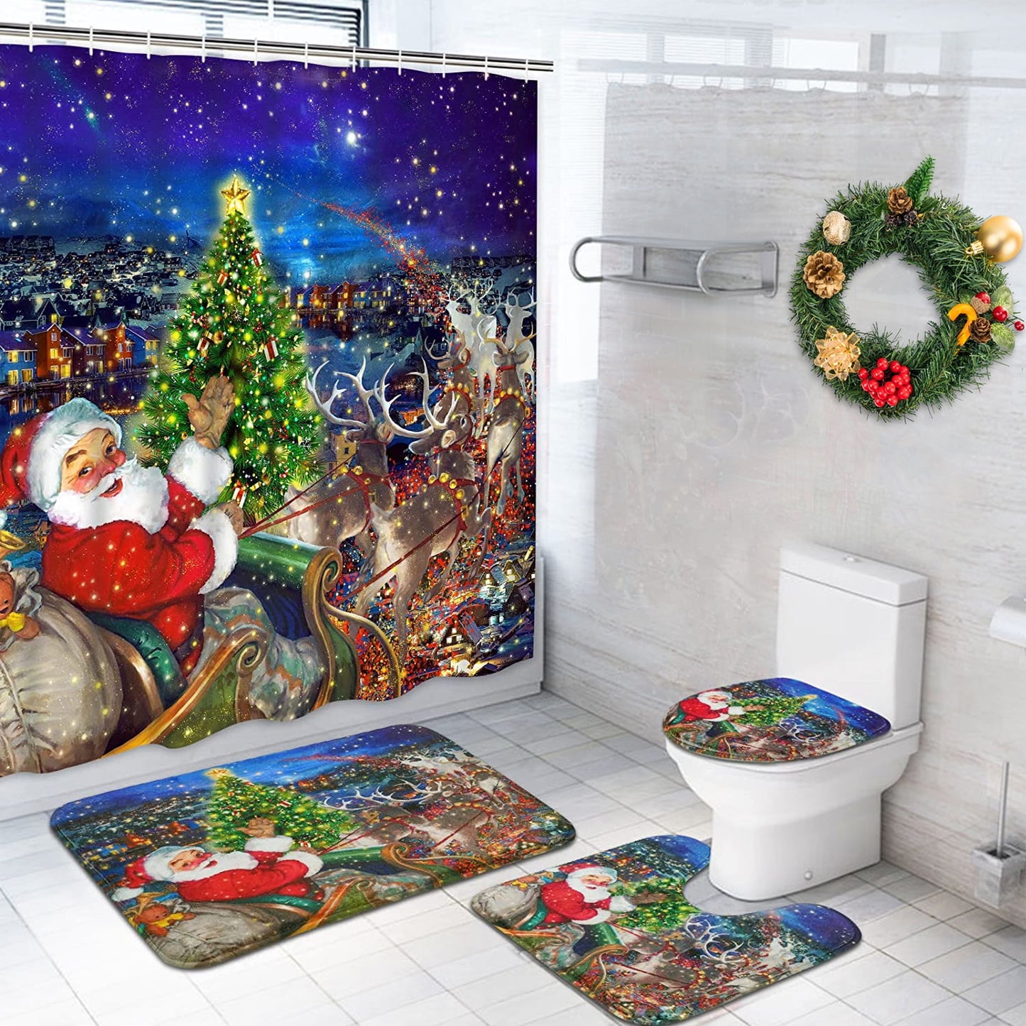 FRAMICS Christmas Shower Curtains and Bath Rug Set, Santa Reindeer Bathroom Decor Sets, Xmas Waterproof Fabric Shower Curtain with 12 Hooks and Toilet Rugs