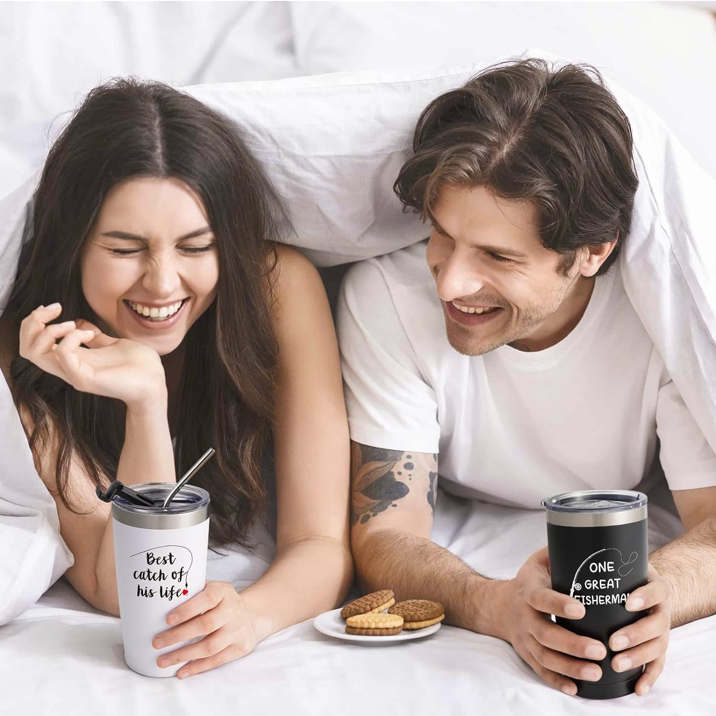 Gingprous 20 oz Stainless Steel Tumblers with Lids Straws, Double Wall Travel Tumblers, Vacuum Insulated Tumblers, Insulated Coffee Cup for Hot and Cold Drinks, Black and White