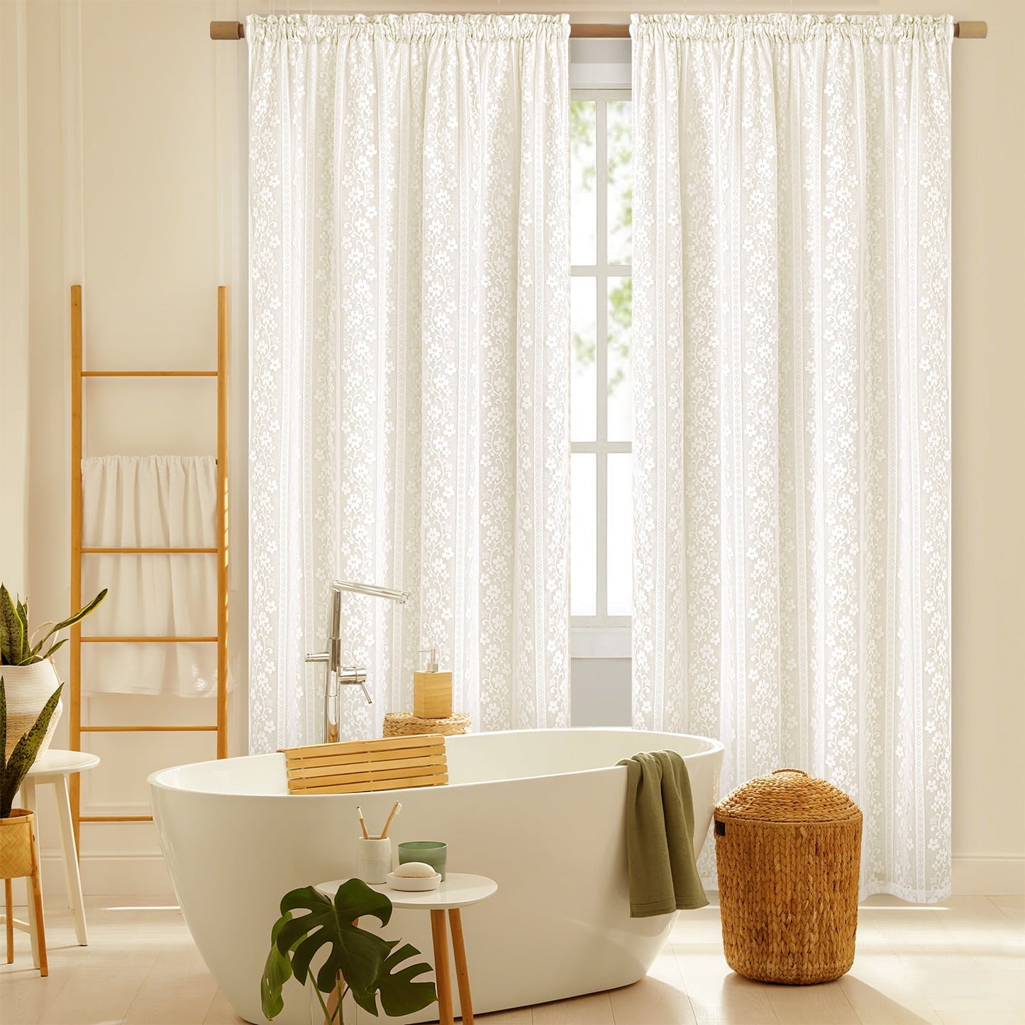 Alishomtll Beige Linen Curtains with Lace Sheer 84 Inches Long, Double Layer Light Filtering Window Drapes for Bedroom Living Room,W52 X L84,2 Panels