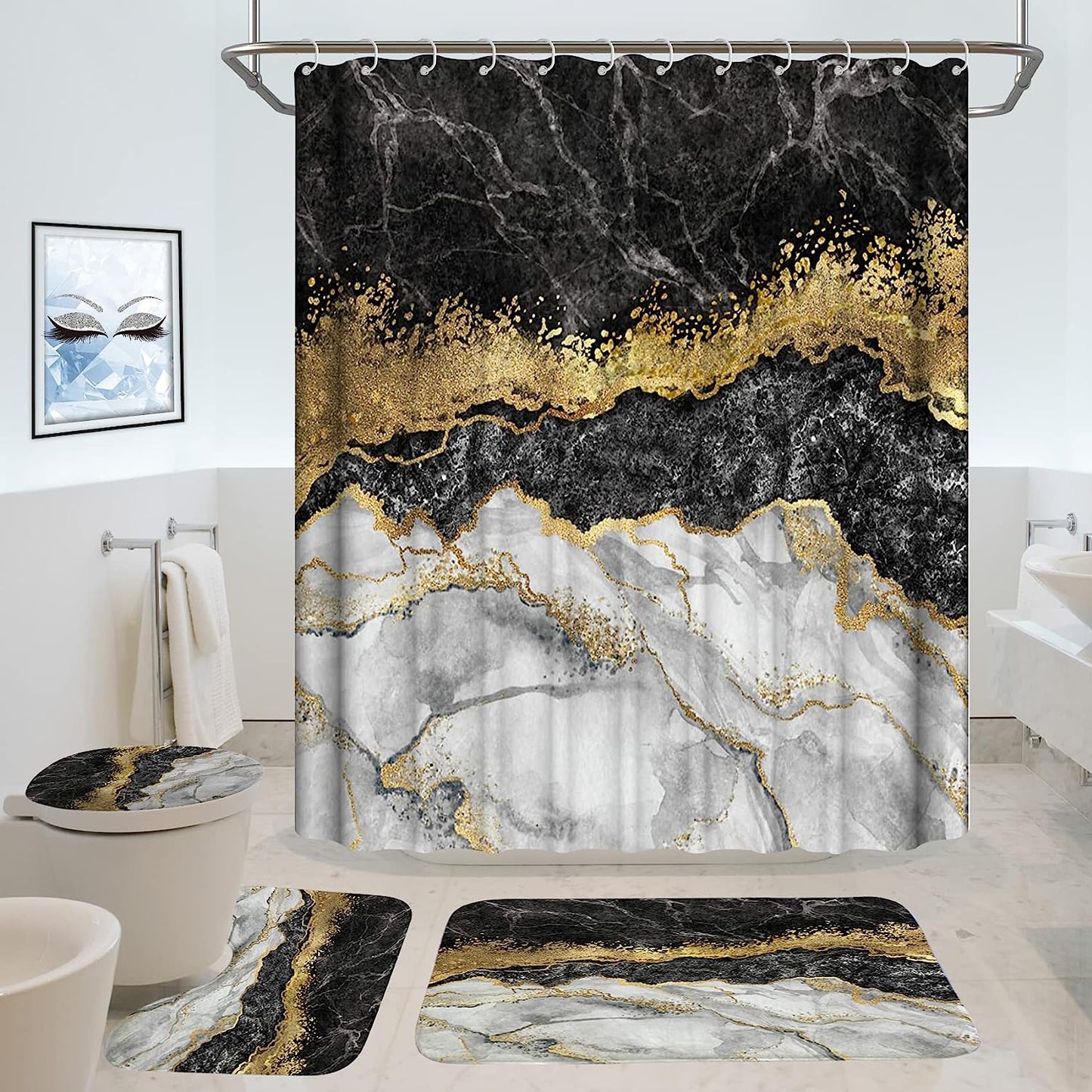 FRAMICS Black Gold Marble Shower Curtain and Rug Sets, 16 Pc Modern Bathroom Sets, Waterproof Fabric Shower Curtain with 12 Hooks and Toilet Rugs
